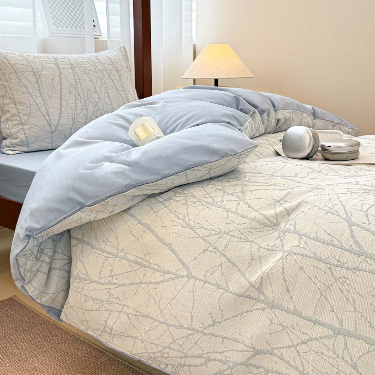 91家纺网 家纺一手货源 找家纺 眠博士 2025新款A类全棉纯棉色织提花三层纱三四件套学生三件套宿舍上下铺 三层纱套件-春枝-蓝