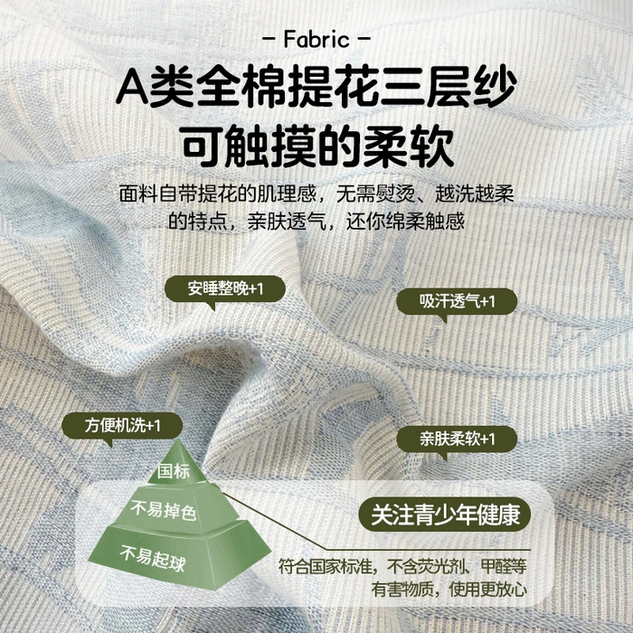 91家纺网 家纺一手货源 找家纺 眠博士 2025新款A类全棉纯棉色织提花三层纱三四件套学生三件套宿舍上下铺 三层纱套件-翠竹-蓝
