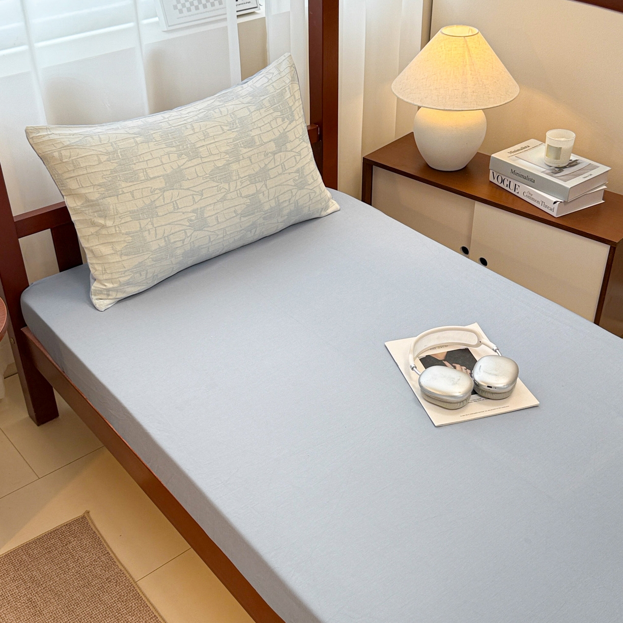 91家纺网 家纺一手货源 找家纺 眠博士 2025新款A类全棉纯棉色织提花三层纱三四件套学生三件套宿舍上下铺 三层纱套件-翠竹-蓝