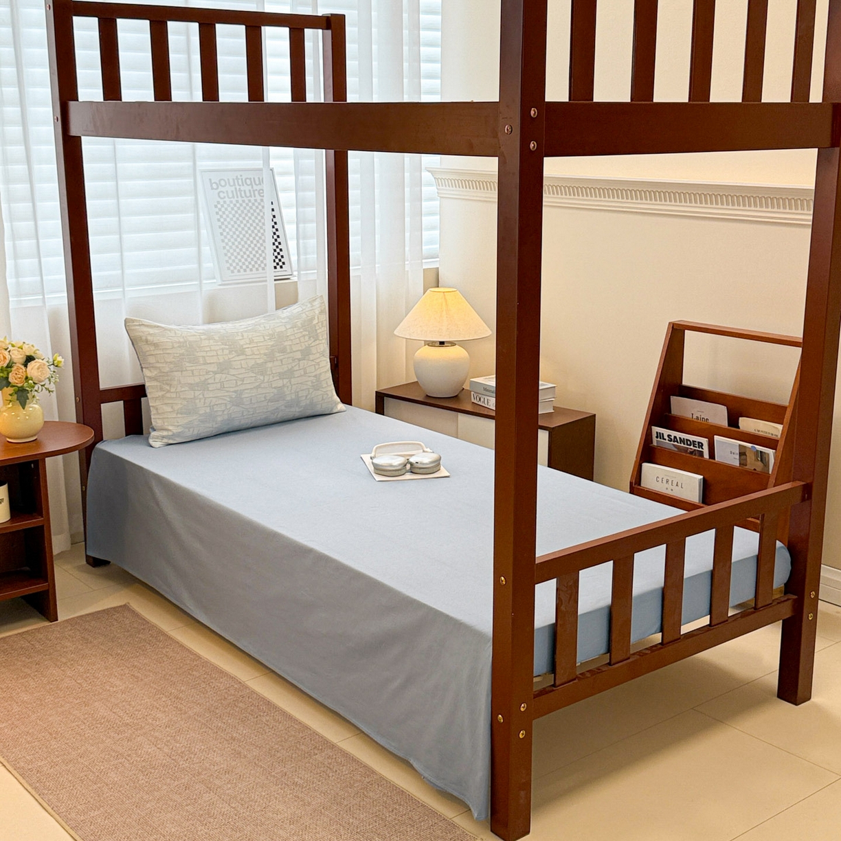 91家纺网 家纺一手货源 找家纺 眠博士 2025新款A类全棉纯棉色织提花三层纱三四件套学生三件套宿舍上下铺 三层纱套件-翠竹-蓝