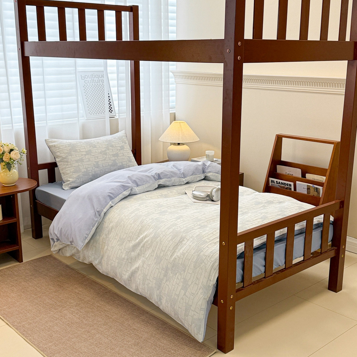 91家纺网 家纺一手货源 找家纺 眠博士 2025新款A类全棉纯棉色织提花三层纱三四件套学生三件套宿舍上下铺 三层纱套件-翠竹-蓝