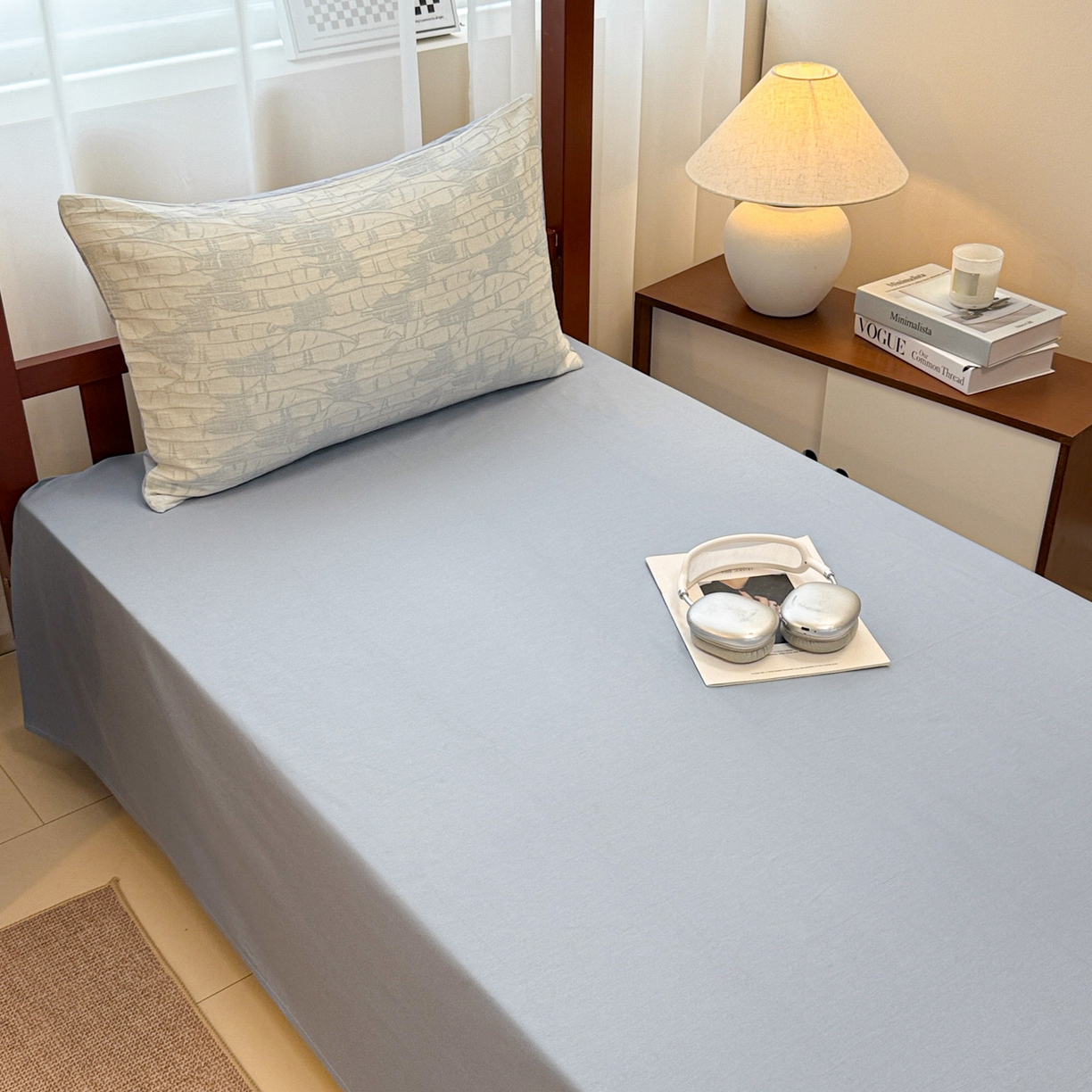 91家纺网 家纺一手货源 找家纺 眠博士 2025新款A类全棉纯棉色织提花三层纱三四件套学生三件套宿舍上下铺 三层纱套件-翠竹-蓝