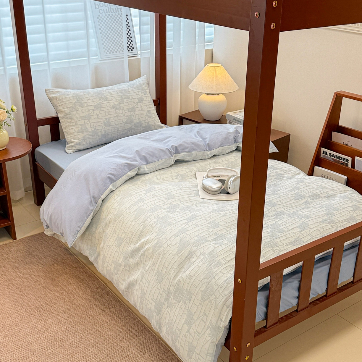 91家纺网 家纺一手货源 找家纺 眠博士 2025新款A类全棉纯棉色织提花三层纱三四件套学生三件套宿舍上下铺 三层纱套件-翠竹-蓝