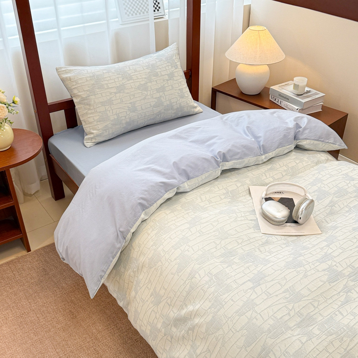 91家纺网 家纺一手货源 找家纺 眠博士 2025新款A类全棉纯棉色织提花三层纱三四件套学生三件套宿舍上下铺 三层纱套件-翠竹-蓝