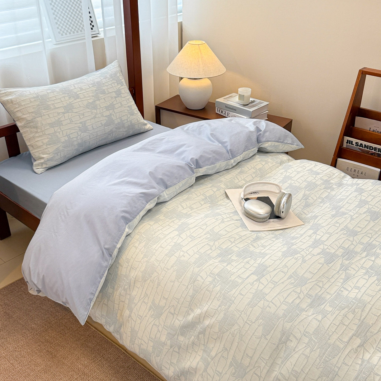 91家纺网 家纺一手货源 找家纺 眠博士 2025新款A类全棉纯棉色织提花三层纱三四件套学生三件套宿舍上下铺 三层纱套件-翠竹-蓝