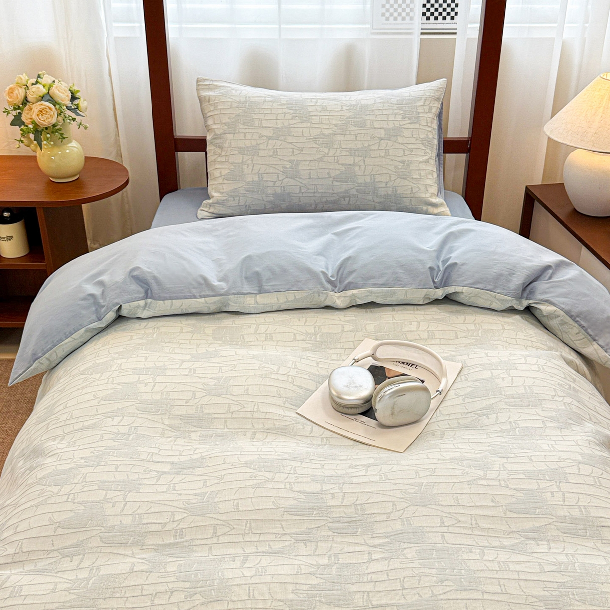 91家纺网 家纺一手货源 找家纺 眠博士 2025新款A类全棉纯棉色织提花三层纱三四件套学生三件套宿舍上下铺 三层纱套件-翠竹-蓝