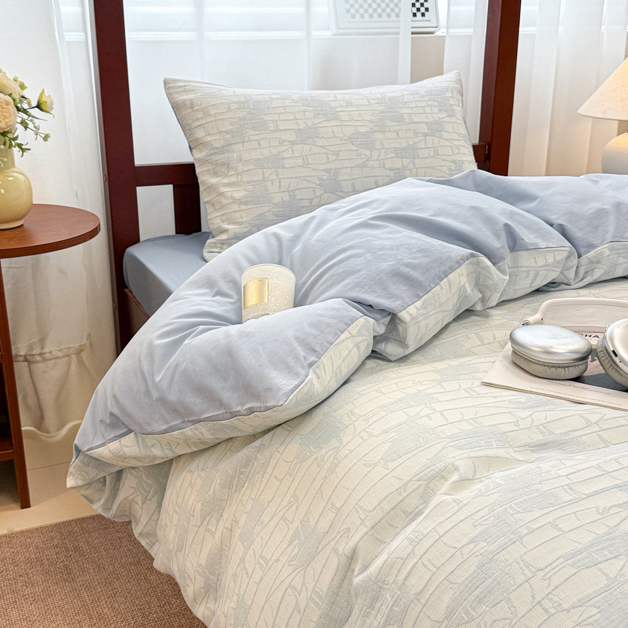 91家纺网 家纺一手货源 找家纺 眠博士 2025新款A类全棉纯棉色织提花三层纱三四件套学生三件套宿舍上下铺 三层纱套件-翠竹-蓝