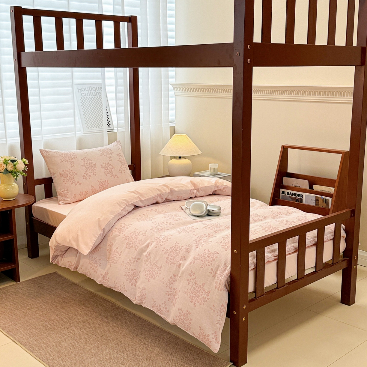 91家纺网 家纺一手货源 找家纺 眠博士 2025新款A类全棉纯棉色织提花三层纱三四件套学生三件套宿舍上下铺 三层纱套件-玫瑰花-粉