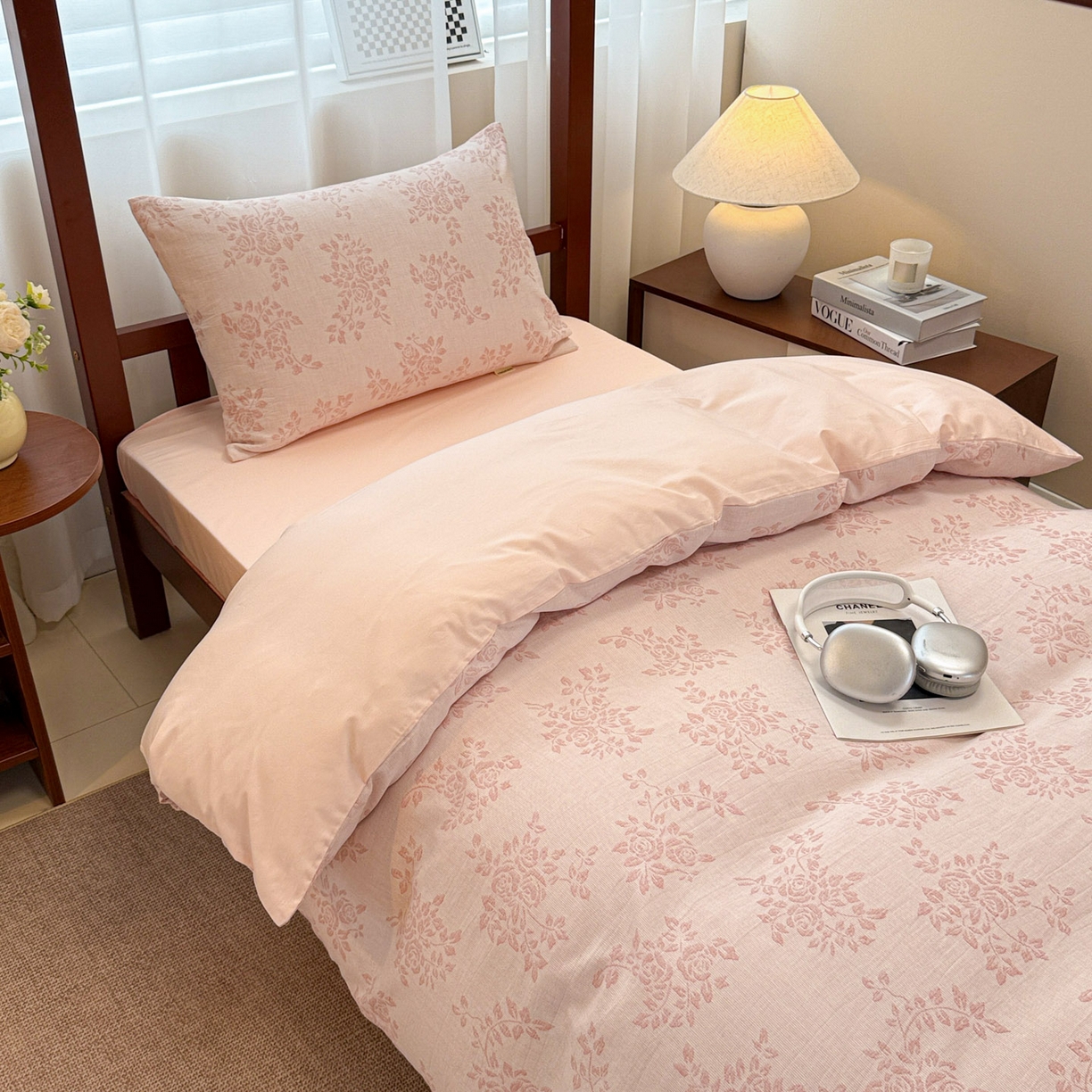 91家纺网 家纺一手货源 找家纺 眠博士 2025新款A类全棉纯棉色织提花三层纱三四件套学生三件套宿舍上下铺 三层纱套件-玫瑰花-粉