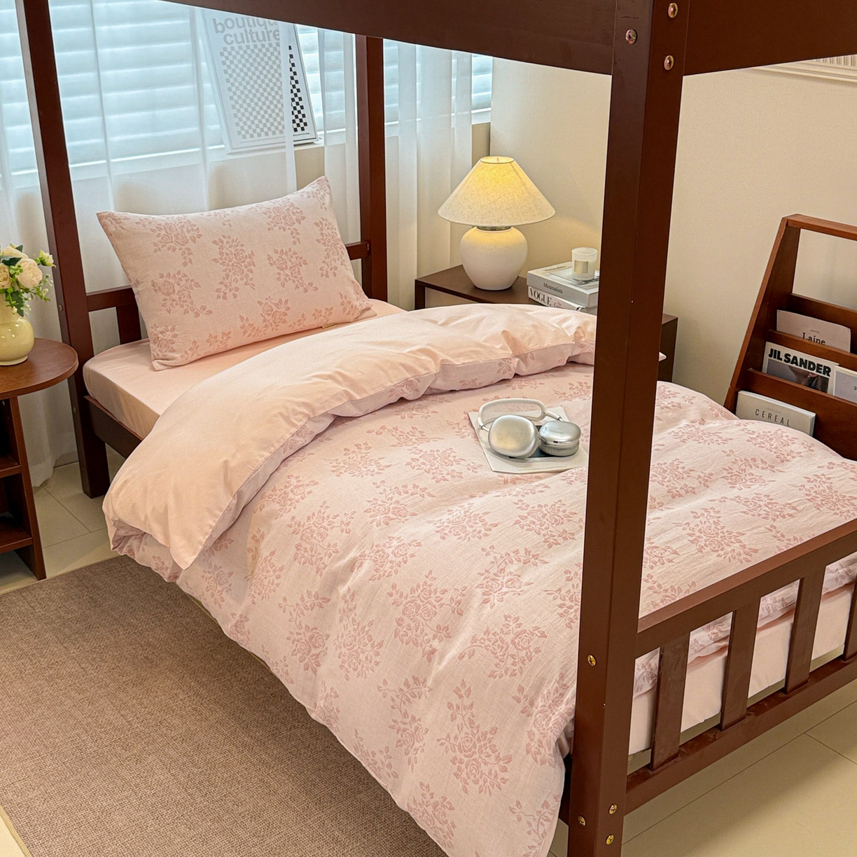 91家纺网 家纺一手货源 找家纺 眠博士 2025新款A类全棉纯棉色织提花三层纱三四件套学生三件套宿舍上下铺 三层纱套件-玫瑰花-粉