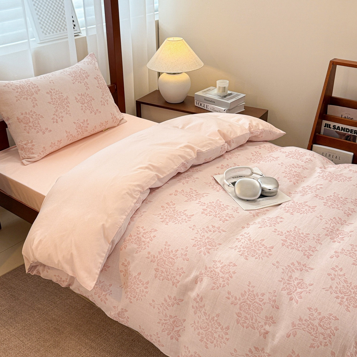 91家纺网 家纺一手货源 找家纺 眠博士 2025新款A类全棉纯棉色织提花三层纱三四件套学生三件套宿舍上下铺 三层纱套件-玫瑰花-粉