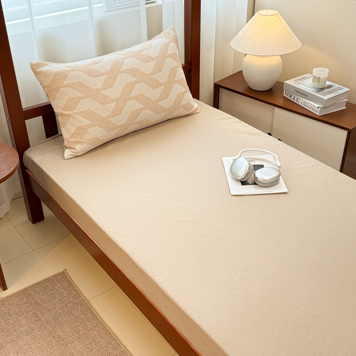 91家纺网 家纺一手货源 找家纺 眠博士 2025新款A类全棉纯棉色织提花三层纱三四件套学生三件套宿舍上下铺 三层纱套件-慕斯-杏