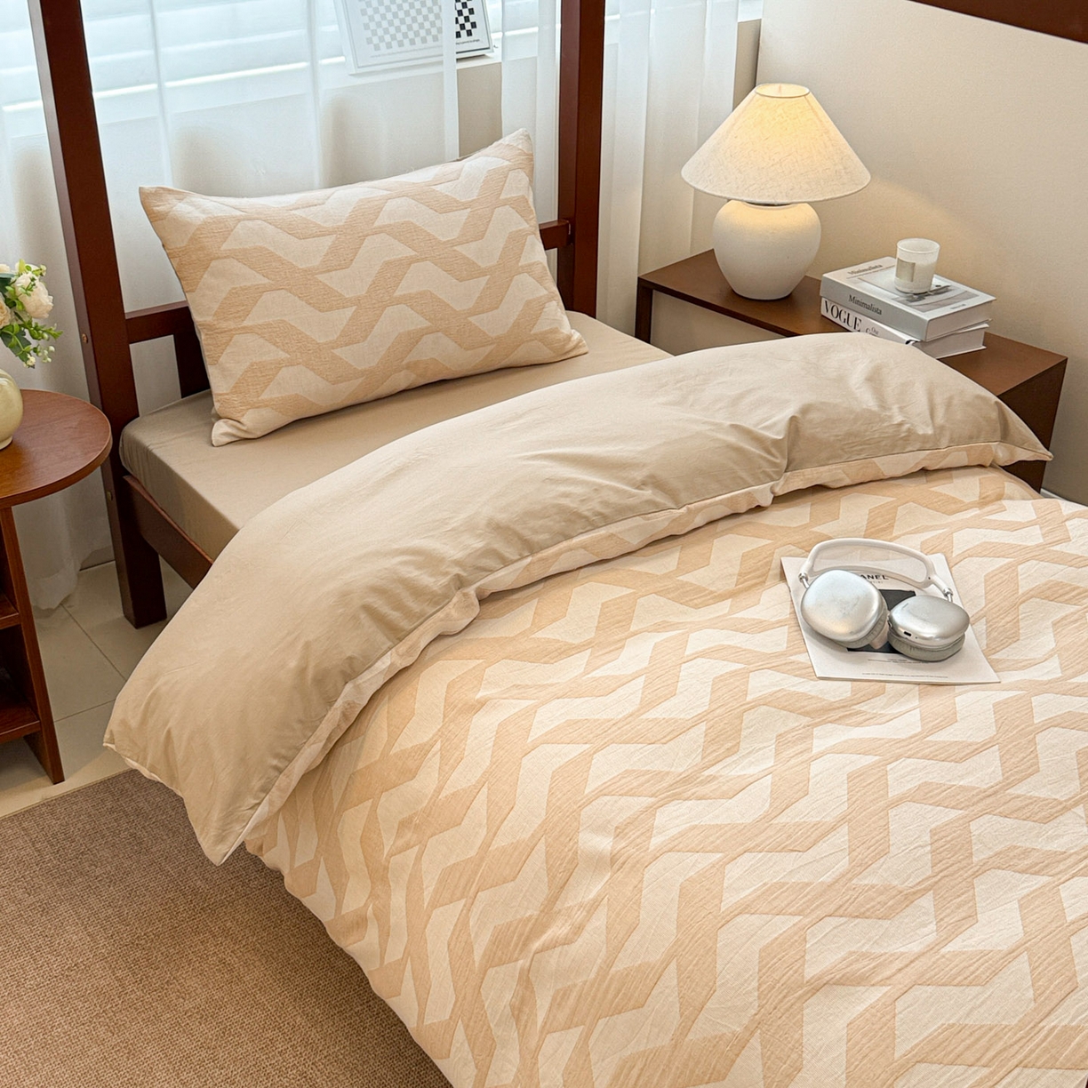 91家纺网 家纺一手货源 找家纺 眠博士 2025新款A类全棉纯棉色织提花三层纱三四件套学生三件套宿舍上下铺 三层纱套件-慕斯-杏