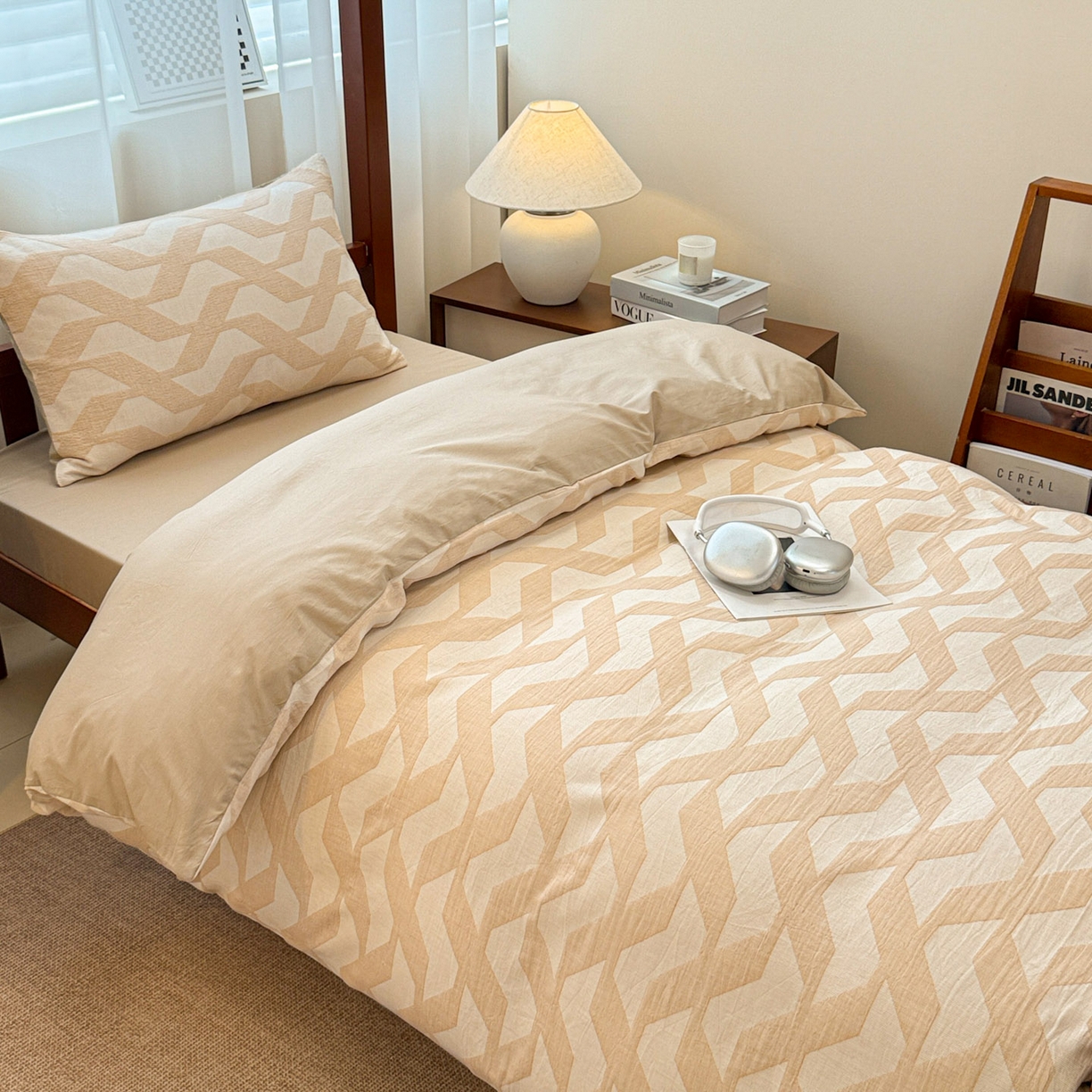 91家纺网 家纺一手货源 找家纺 眠博士 2025新款A类全棉纯棉色织提花三层纱三四件套学生三件套宿舍上下铺 三层纱套件-慕斯-杏