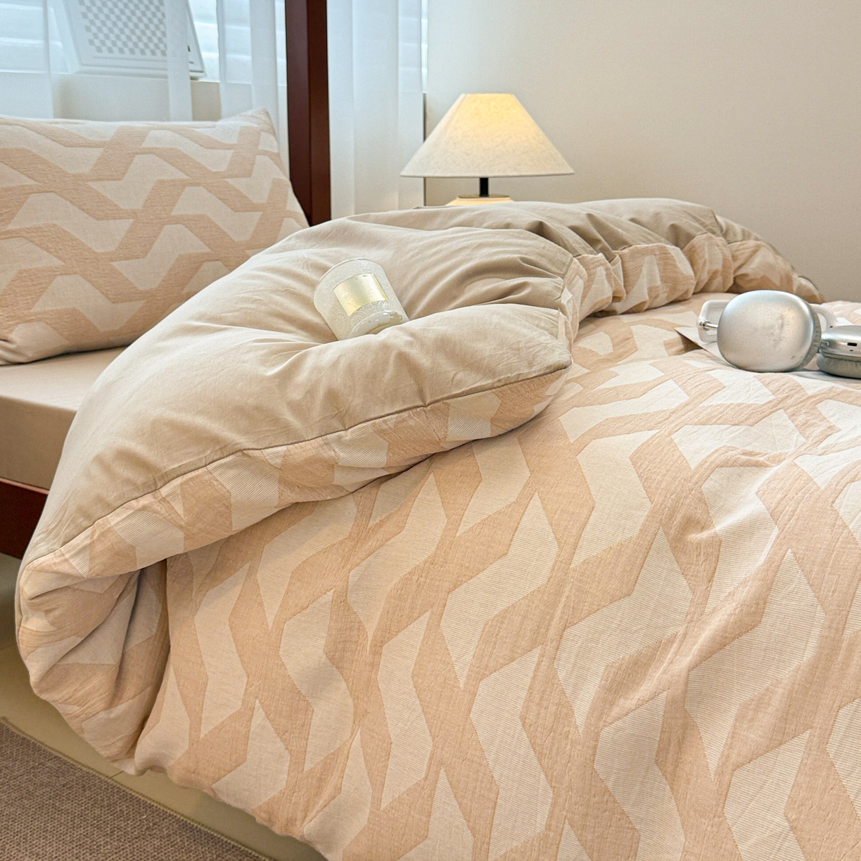 91家纺网 家纺一手货源 找家纺 眠博士 2025新款A类全棉纯棉色织提花三层纱三四件套学生三件套宿舍上下铺 三层纱套件-慕斯-杏