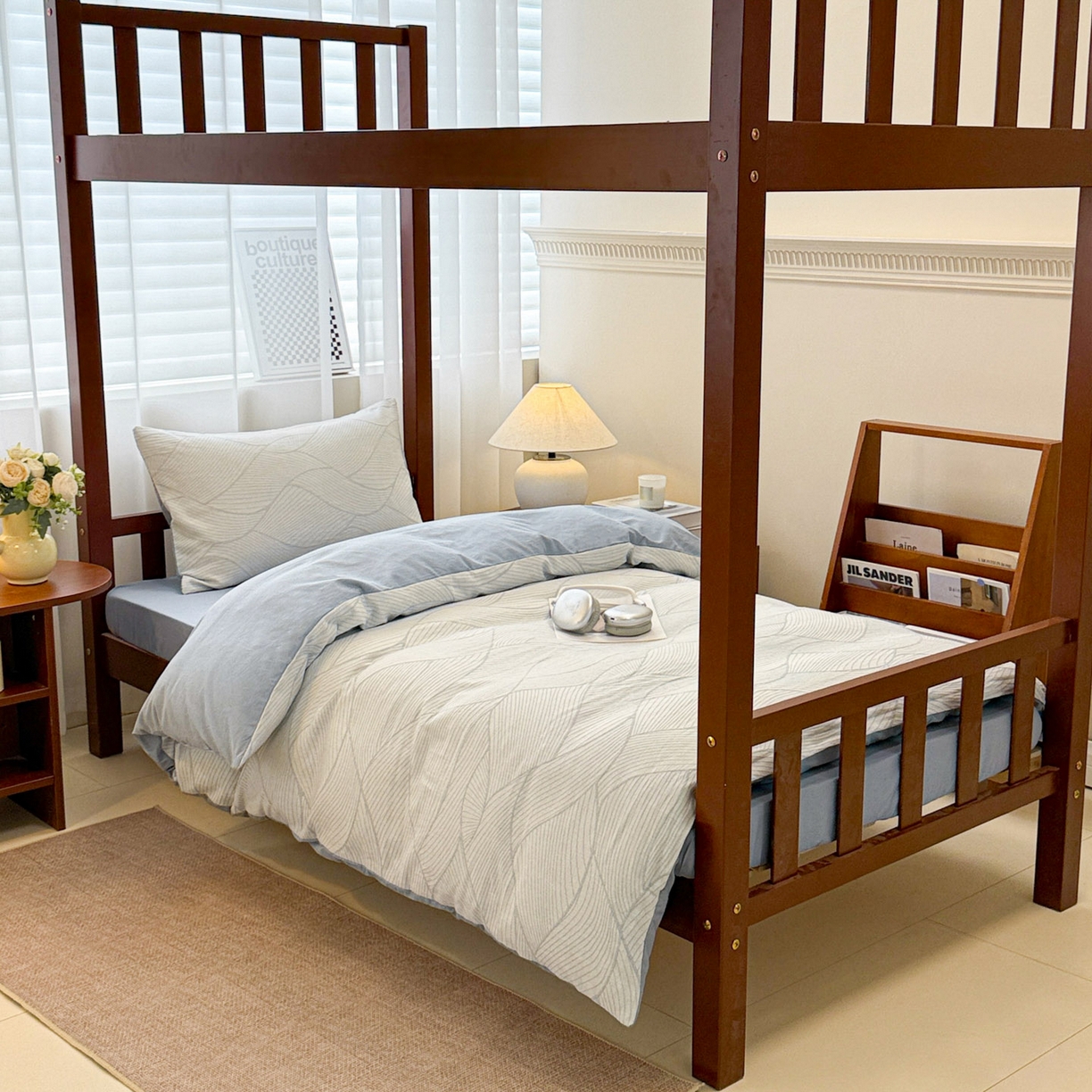 91家纺网 家纺一手货源 找家纺 眠博士 2025新款A类全棉纯棉色织提花三层纱三四件套学生三件套宿舍上下铺 三层纱套件-曲线-蓝