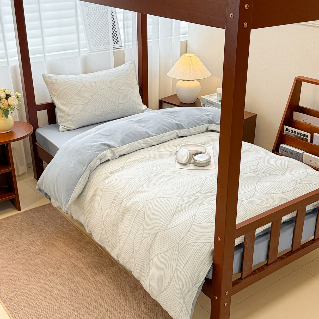 91家纺网 家纺一手货源 找家纺 眠博士 2025新款A类全棉纯棉色织提花三层纱三四件套学生三件套宿舍上下铺 三层纱套件-曲线-蓝