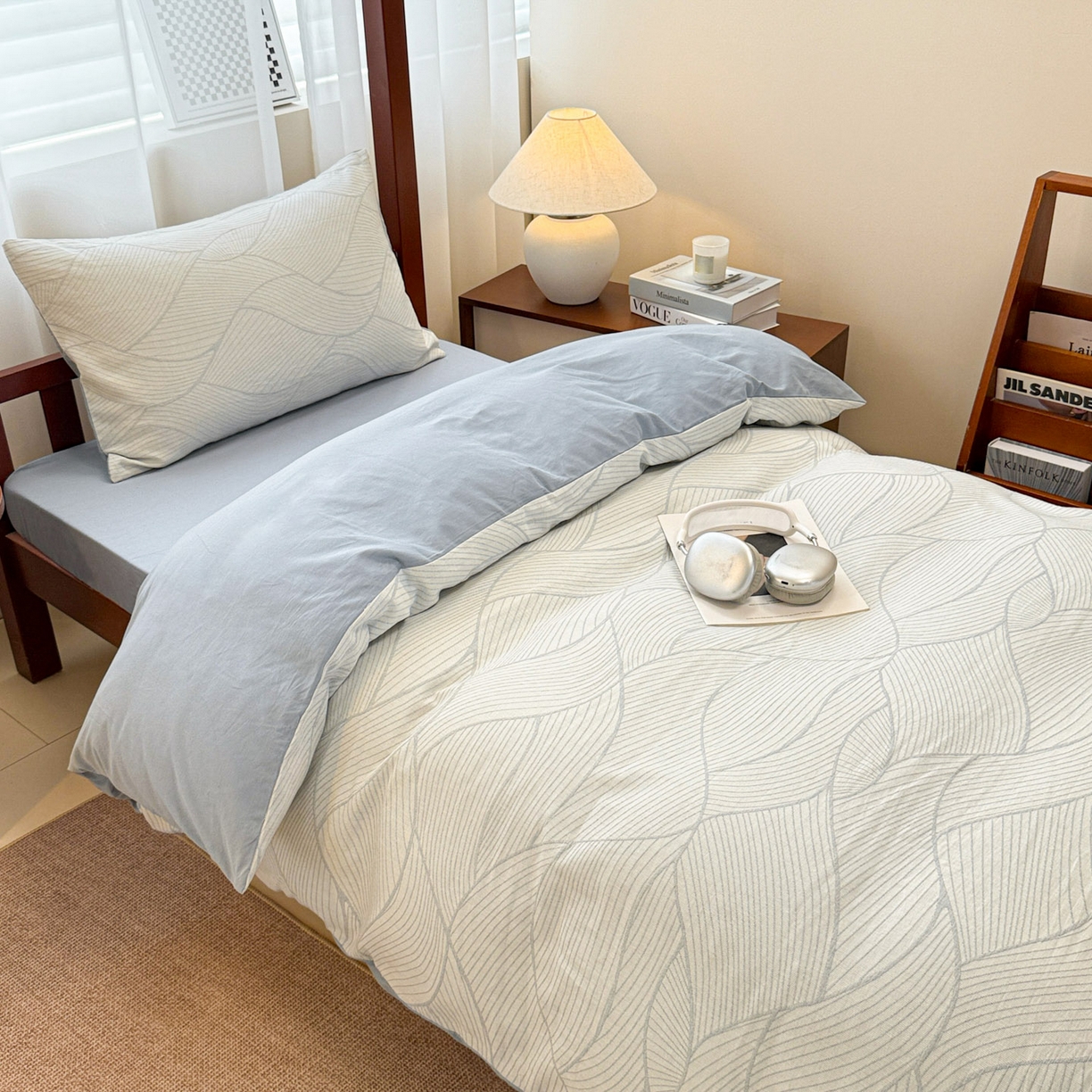 91家纺网 家纺一手货源 找家纺 眠博士 2025新款A类全棉纯棉色织提花三层纱三四件套学生三件套宿舍上下铺 三层纱套件-曲线-蓝