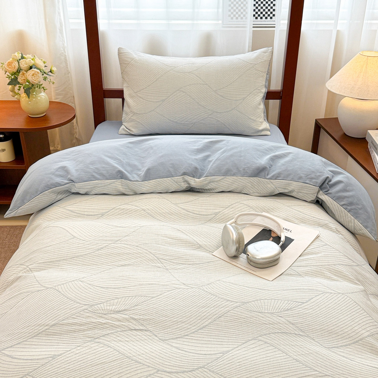 91家纺网 家纺一手货源 找家纺 眠博士 2025新款A类全棉纯棉色织提花三层纱三四件套学生三件套宿舍上下铺 三层纱套件-曲线-蓝