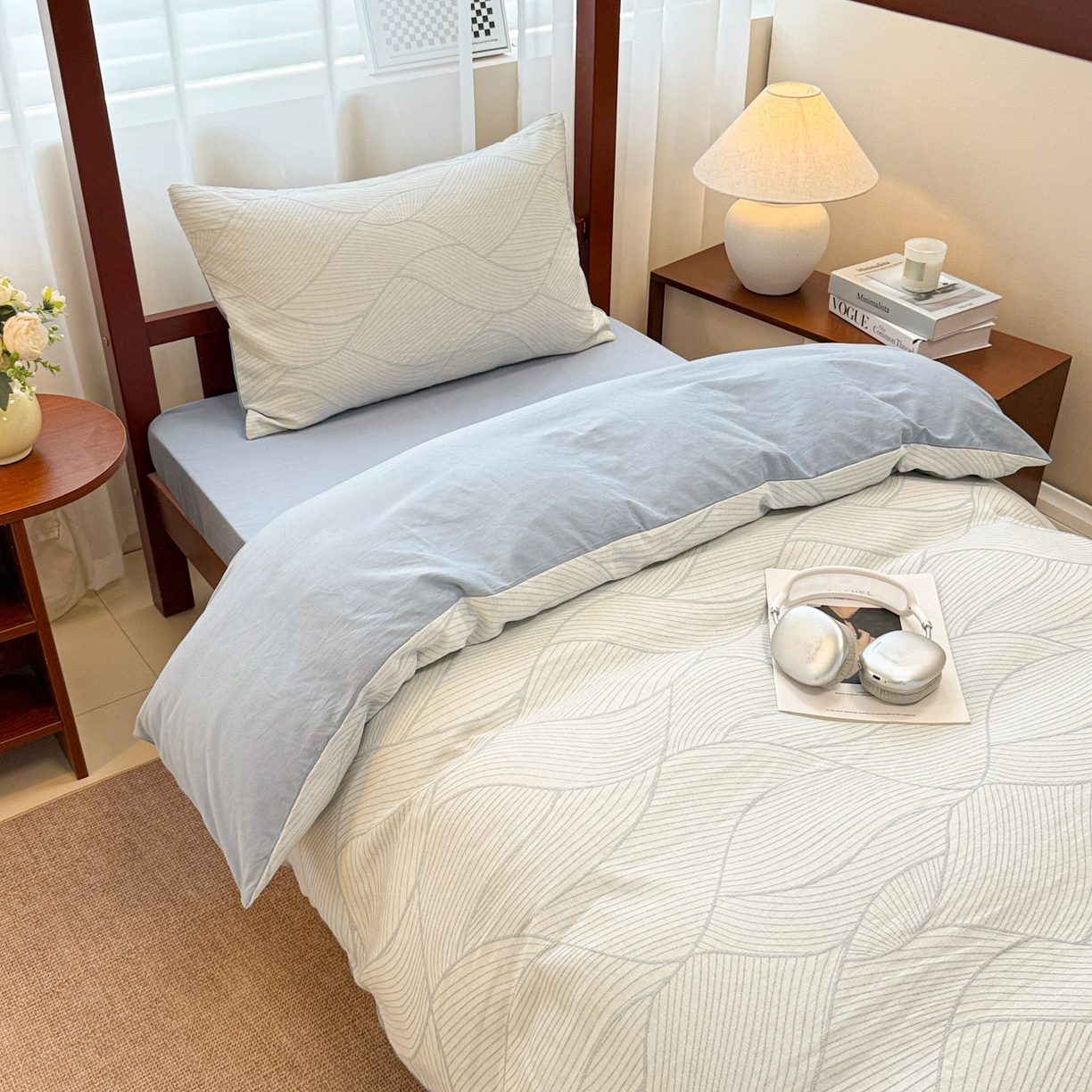 91家纺网 家纺一手货源 找家纺 眠博士 2025新款A类全棉纯棉色织提花三层纱三四件套学生三件套宿舍上下铺 三层纱套件-曲线-蓝