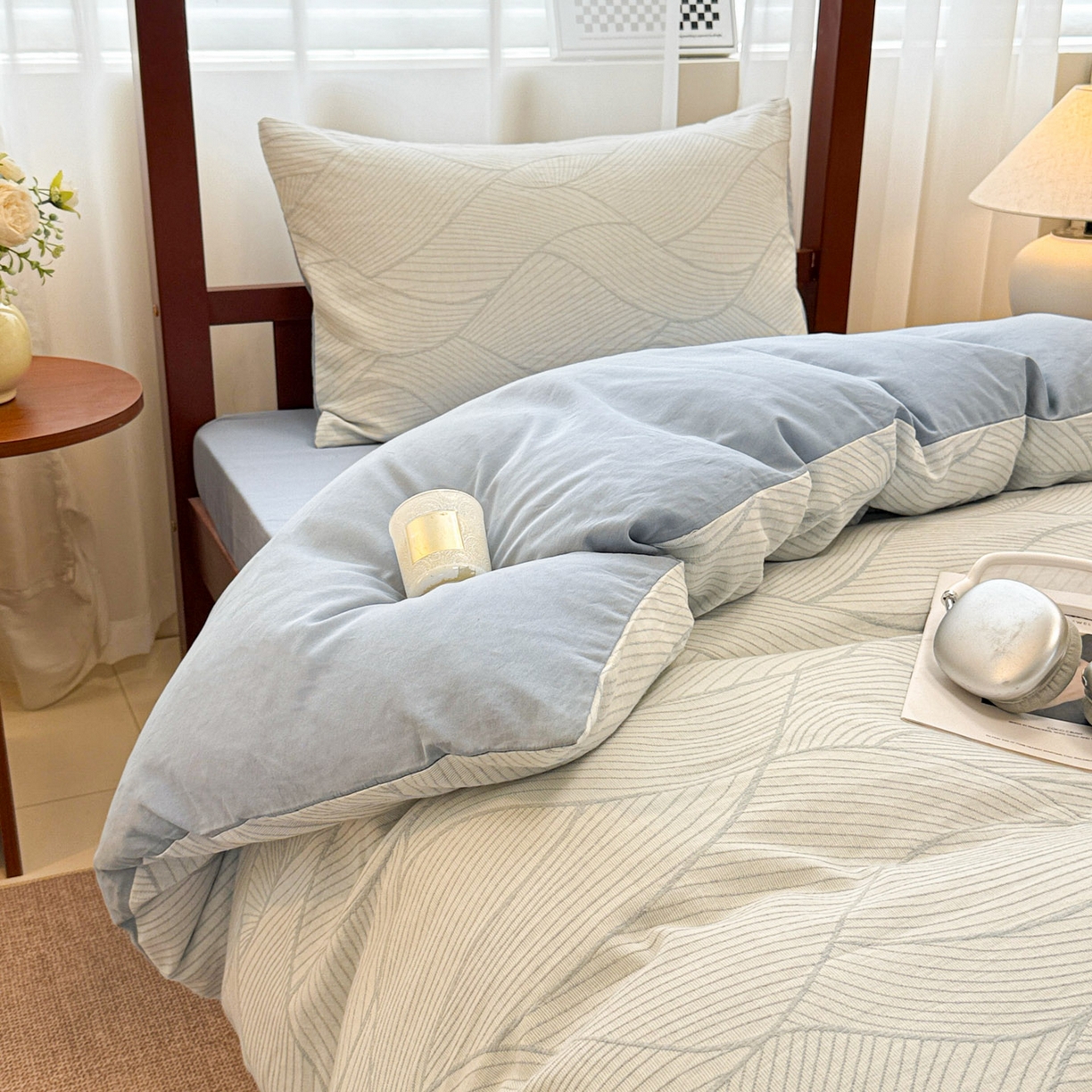 91家纺网 家纺一手货源 找家纺 眠博士 2025新款A类全棉纯棉色织提花三层纱三四件套学生三件套宿舍上下铺 三层纱套件-曲线-蓝