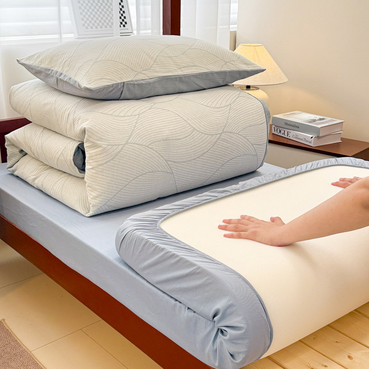 91家纺网 家纺一手货源 找家纺 眠博士 2025新款A类全棉纯棉色织提花三层纱三四件套学生三件套宿舍上下铺 三层纱套件-曲线-蓝