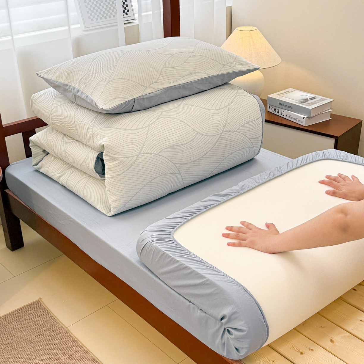 91家纺网 家纺一手货源 找家纺 眠博士 2025新款A类全棉纯棉色织提花三层纱三四件套学生三件套宿舍上下铺 三层纱套件-曲线-蓝