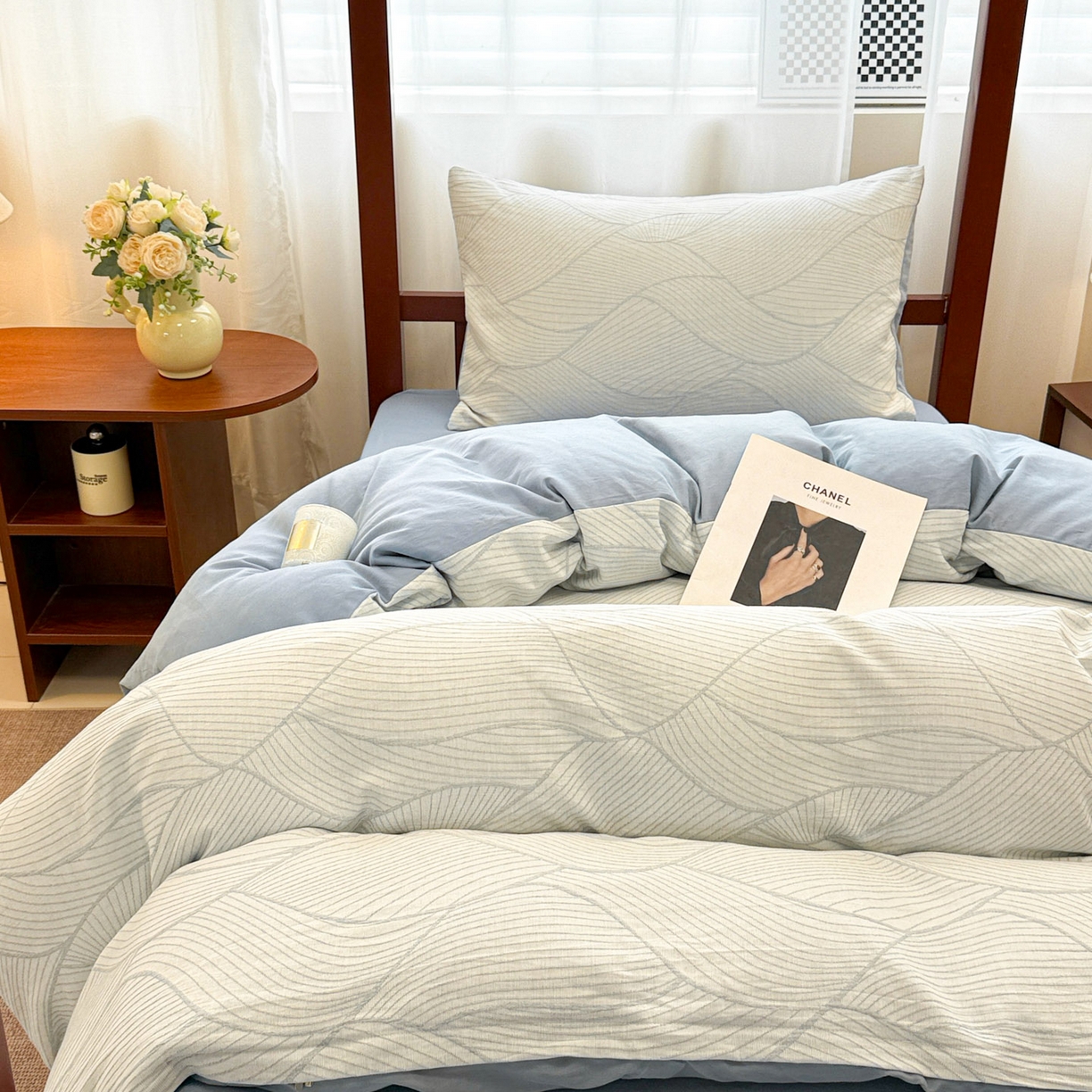 91家纺网 家纺一手货源 找家纺 眠博士 2025新款A类全棉纯棉色织提花三层纱三四件套学生三件套宿舍上下铺 三层纱套件-曲线-蓝