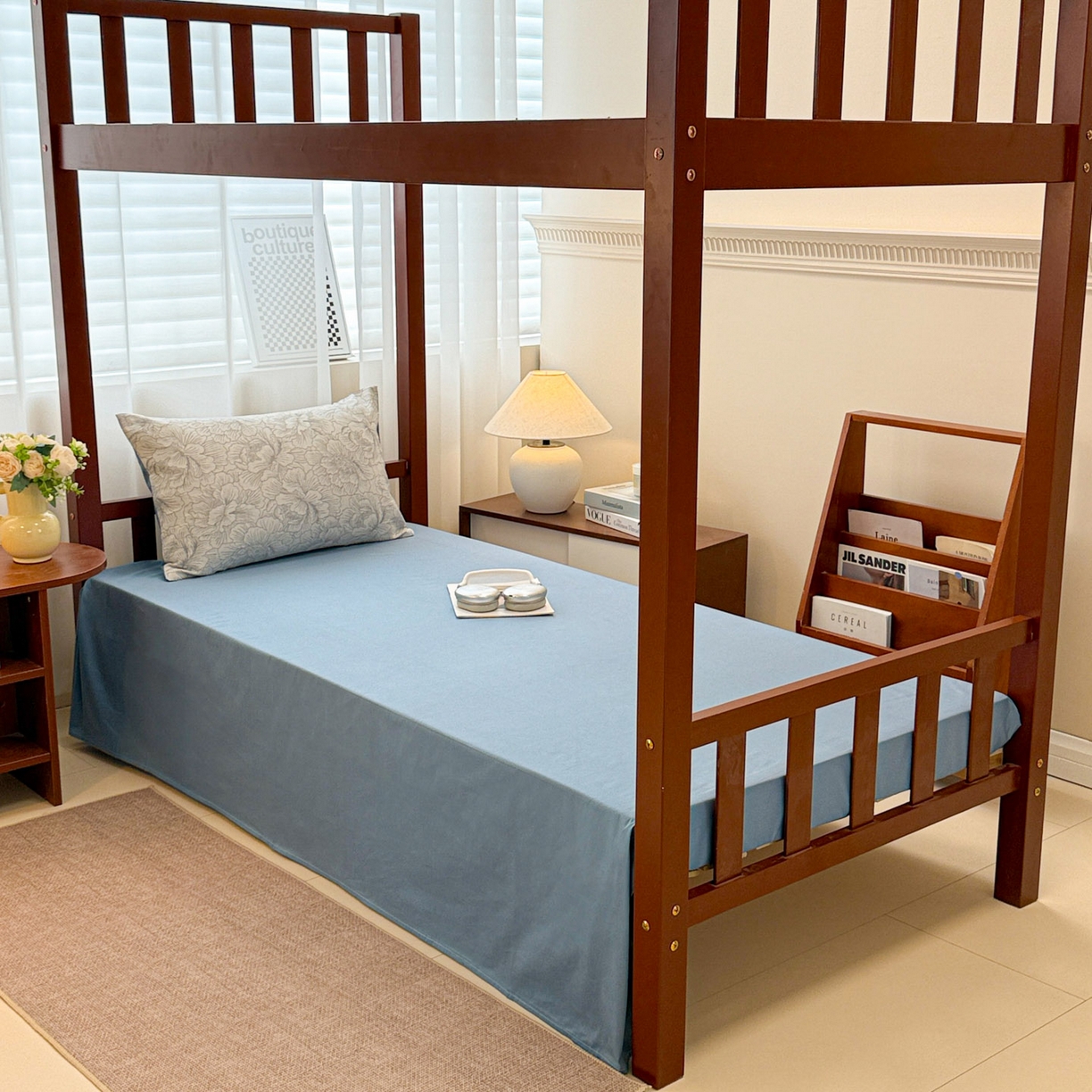 91家纺网 家纺一手货源 找家纺 眠博士 2025新款A类全棉纯棉色织提花三层纱三四件套学生三件套宿舍上下铺 三层纱套件-山茶花-灰蓝