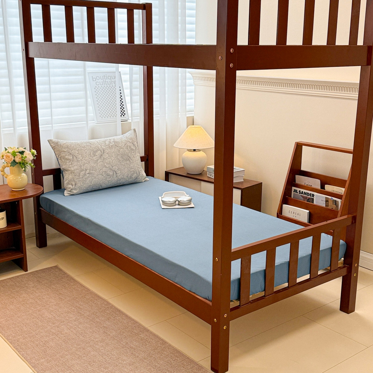 91家纺网 家纺一手货源 找家纺 眠博士 2025新款A类全棉纯棉色织提花三层纱三四件套学生三件套宿舍上下铺 三层纱套件-山茶花-灰蓝