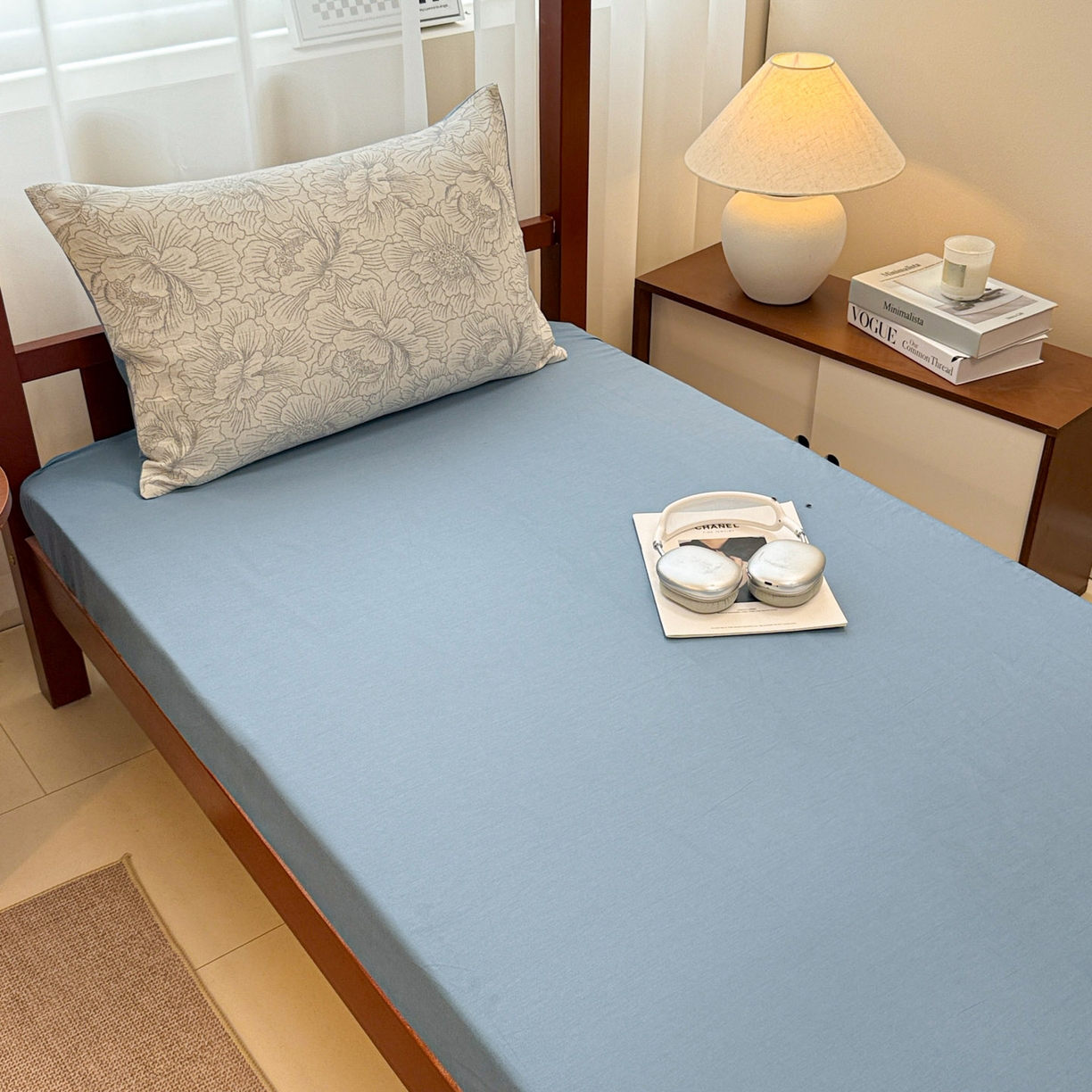 91家纺网 家纺一手货源 找家纺 眠博士 2025新款A类全棉纯棉色织提花三层纱三四件套学生三件套宿舍上下铺 三层纱套件-山茶花-灰蓝