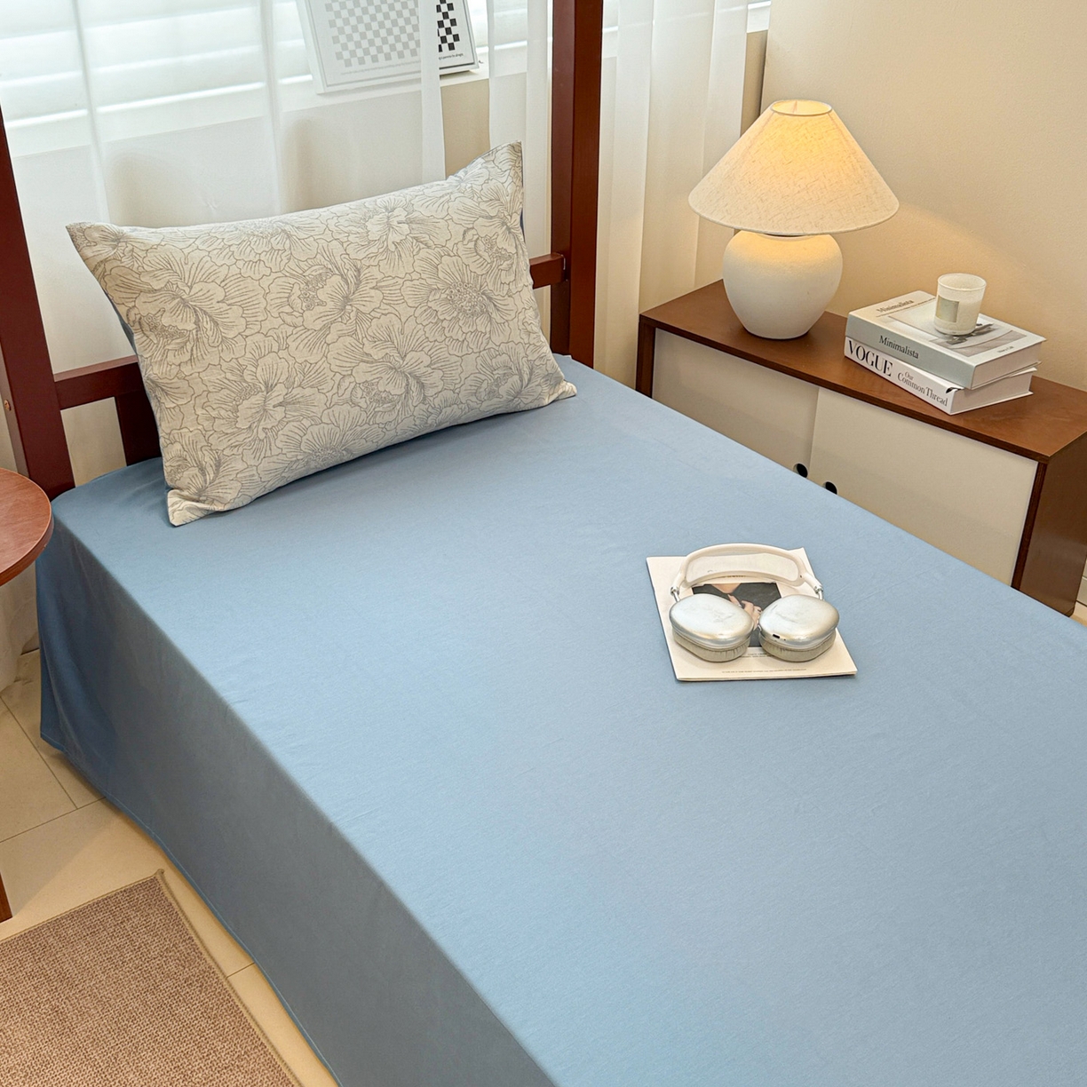 91家纺网 家纺一手货源 找家纺 眠博士 2025新款A类全棉纯棉色织提花三层纱三四件套学生三件套宿舍上下铺 三层纱套件-山茶花-灰蓝