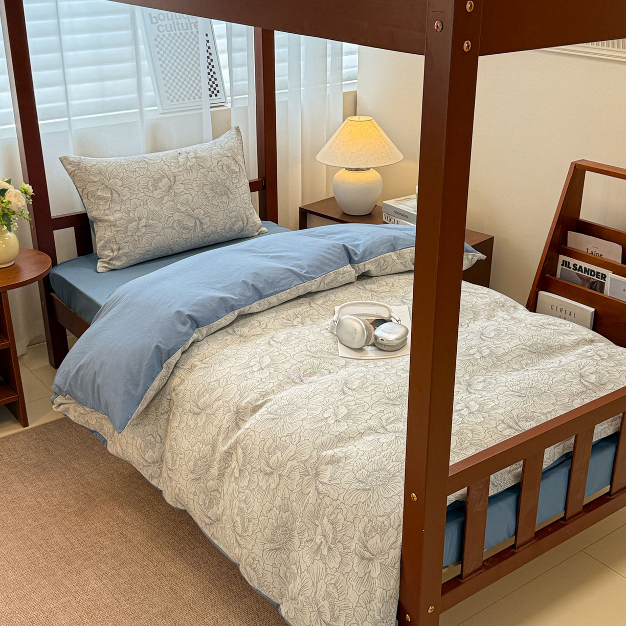 91家纺网 家纺一手货源 找家纺 眠博士 2025新款A类全棉纯棉色织提花三层纱三四件套学生三件套宿舍上下铺 三层纱套件-山茶花-灰蓝