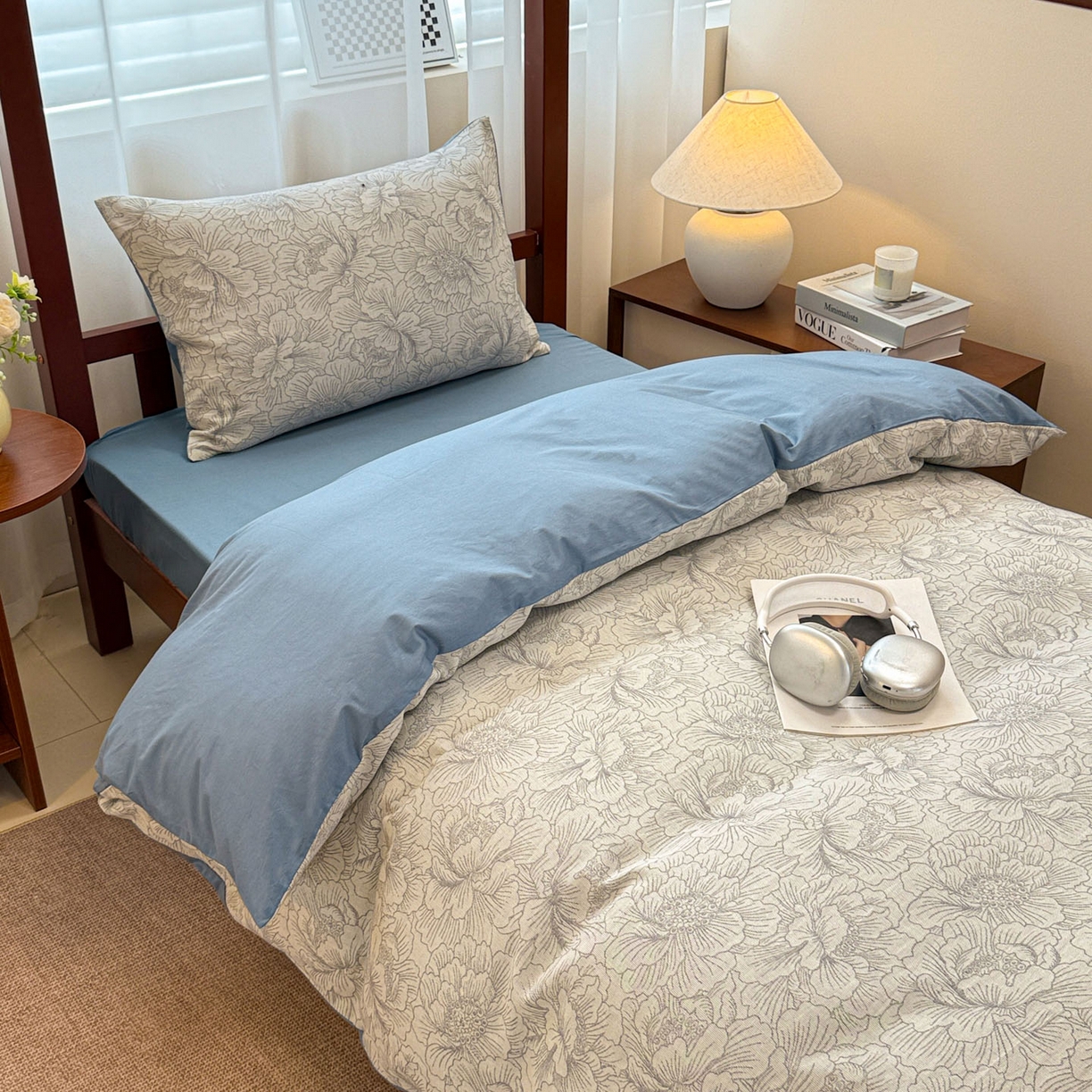 91家纺网 家纺一手货源 找家纺 眠博士 2025新款A类全棉纯棉色织提花三层纱三四件套学生三件套宿舍上下铺 三层纱套件-山茶花-灰蓝