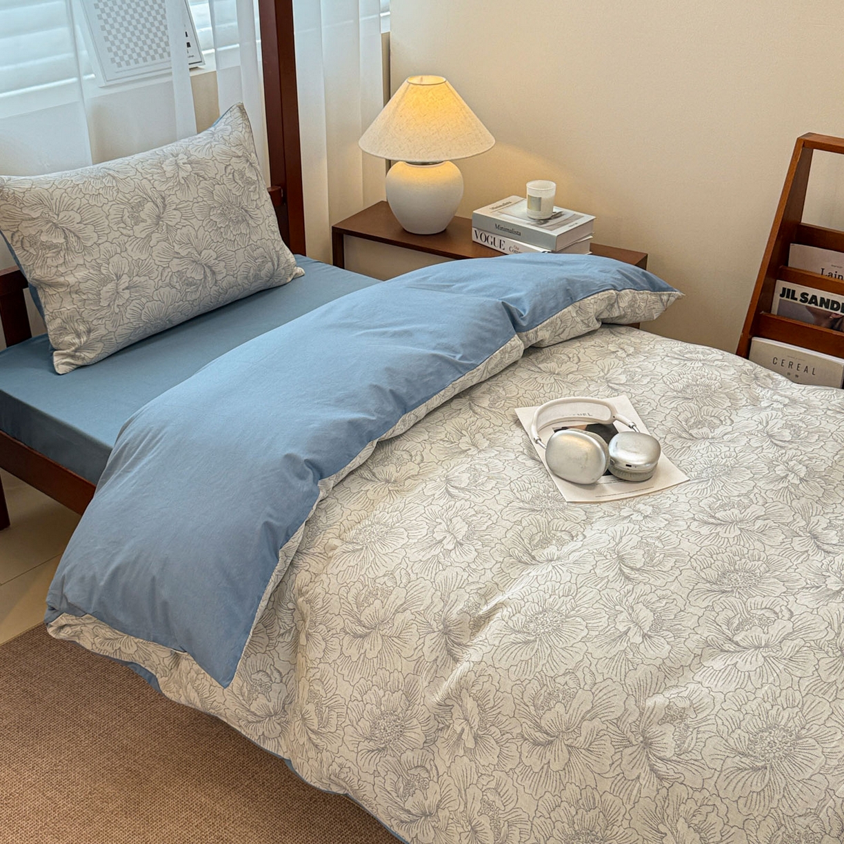 91家纺网 家纺一手货源 找家纺 眠博士 2025新款A类全棉纯棉色织提花三层纱三四件套学生三件套宿舍上下铺 三层纱套件-山茶花-灰蓝