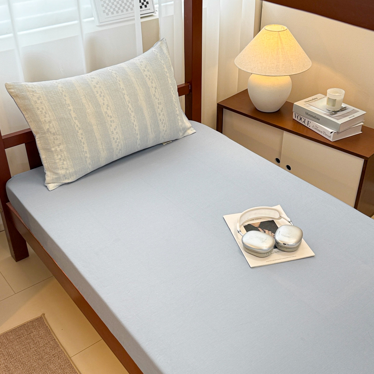 91家纺网 家纺一手货源 找家纺 眠博士 2025新款A类全棉纯棉色织提花三层纱三四件套学生三件套宿舍上下铺 三层纱套件-时光-蓝