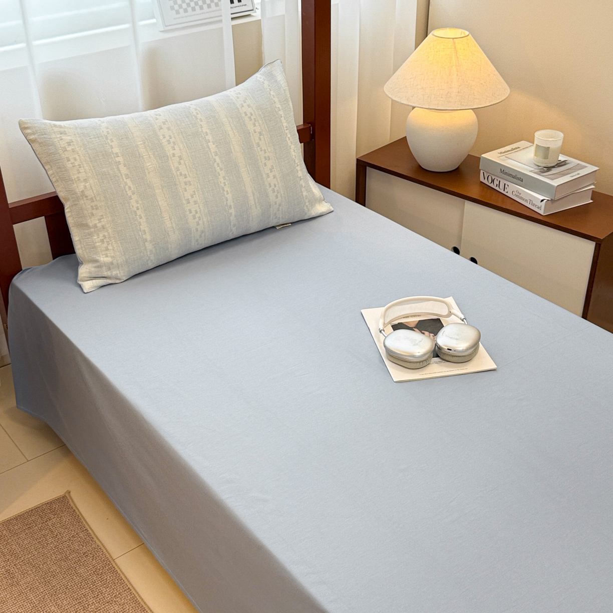 91家纺网 家纺一手货源 找家纺 眠博士 2025新款A类全棉纯棉色织提花三层纱三四件套学生三件套宿舍上下铺 三层纱套件-时光-蓝