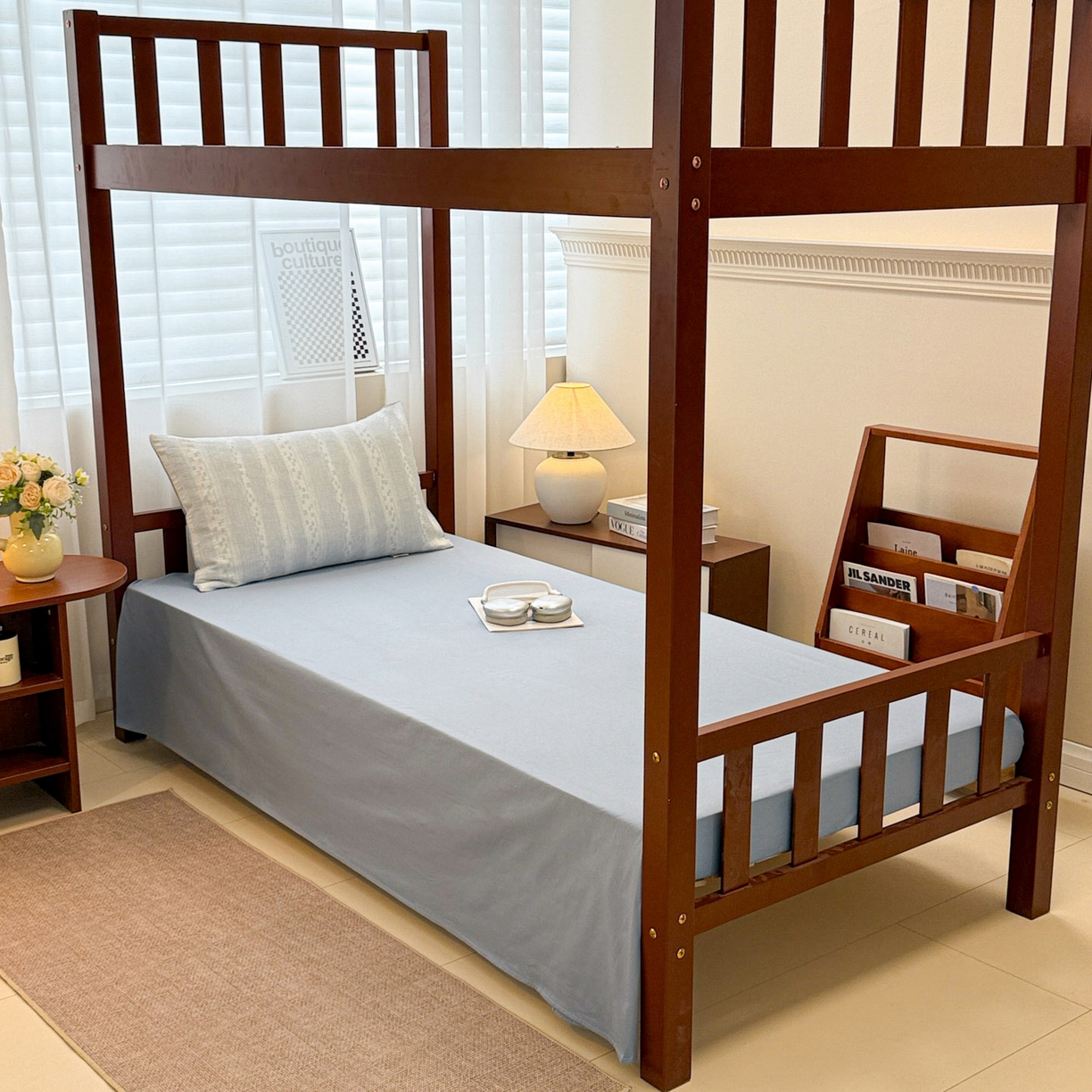 91家纺网 家纺一手货源 找家纺 眠博士 2025新款A类全棉纯棉色织提花三层纱三四件套学生三件套宿舍上下铺 三层纱套件-时光-蓝