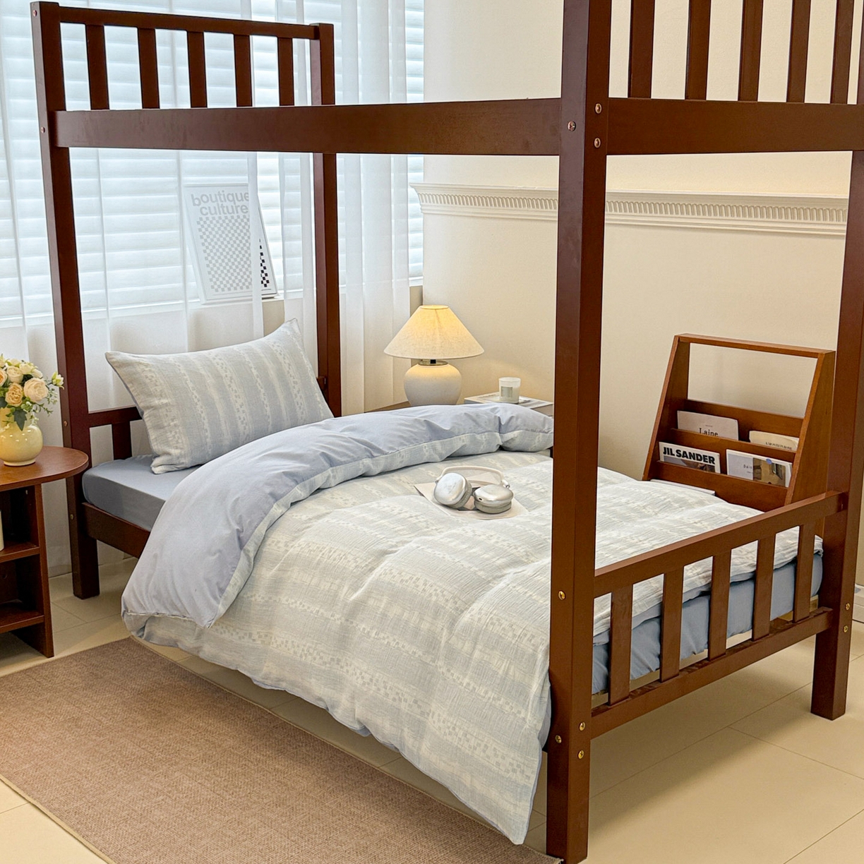 91家纺网 家纺一手货源 找家纺 眠博士 2025新款A类全棉纯棉色织提花三层纱三四件套学生三件套宿舍上下铺 三层纱套件-时光-蓝