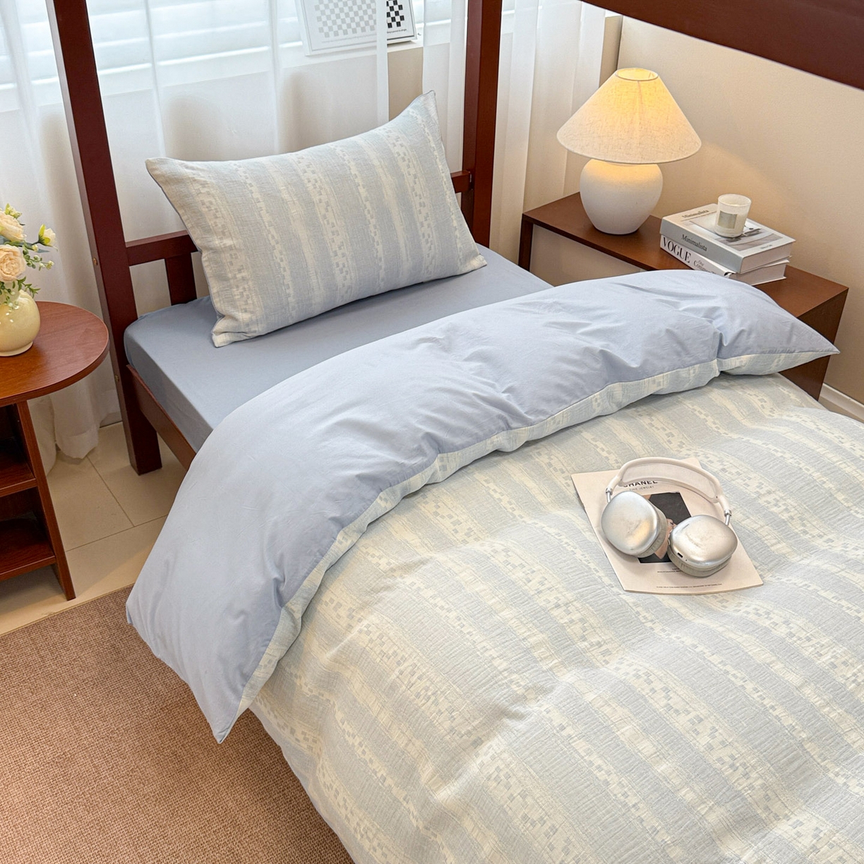 91家纺网 家纺一手货源 找家纺 眠博士 2025新款A类全棉纯棉色织提花三层纱三四件套学生三件套宿舍上下铺 三层纱套件-时光-蓝