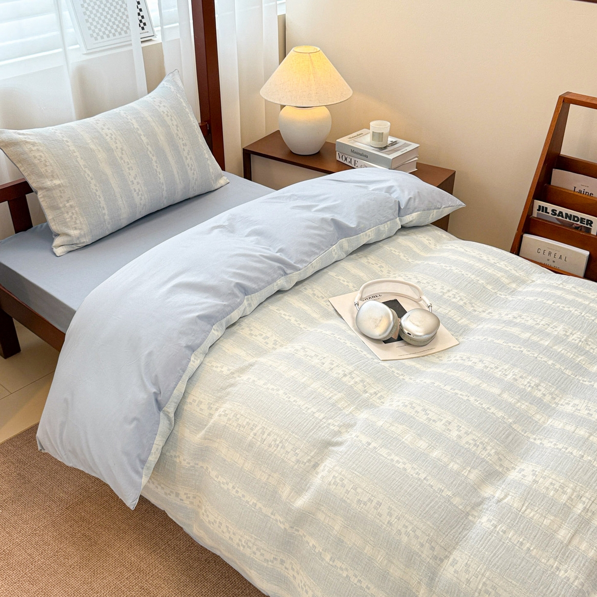 91家纺网 家纺一手货源 找家纺 眠博士 2025新款A类全棉纯棉色织提花三层纱三四件套学生三件套宿舍上下铺 三层纱套件-时光-蓝