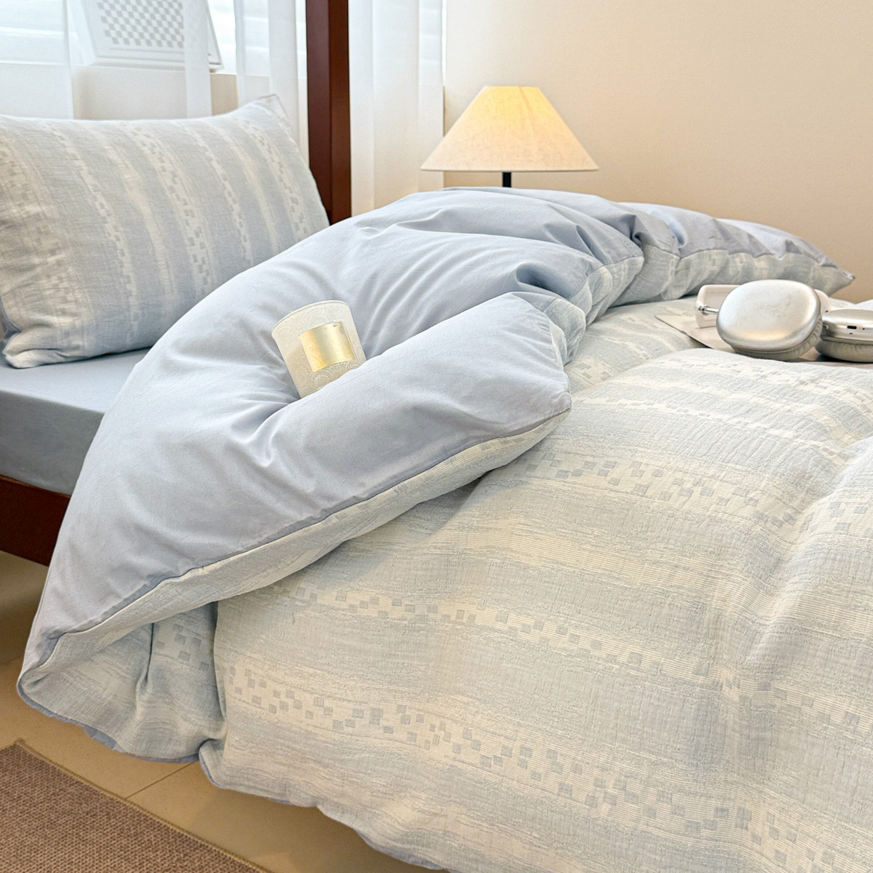 91家纺网 家纺一手货源 找家纺 眠博士 2025新款A类全棉纯棉色织提花三层纱三四件套学生三件套宿舍上下铺 三层纱套件-时光-蓝