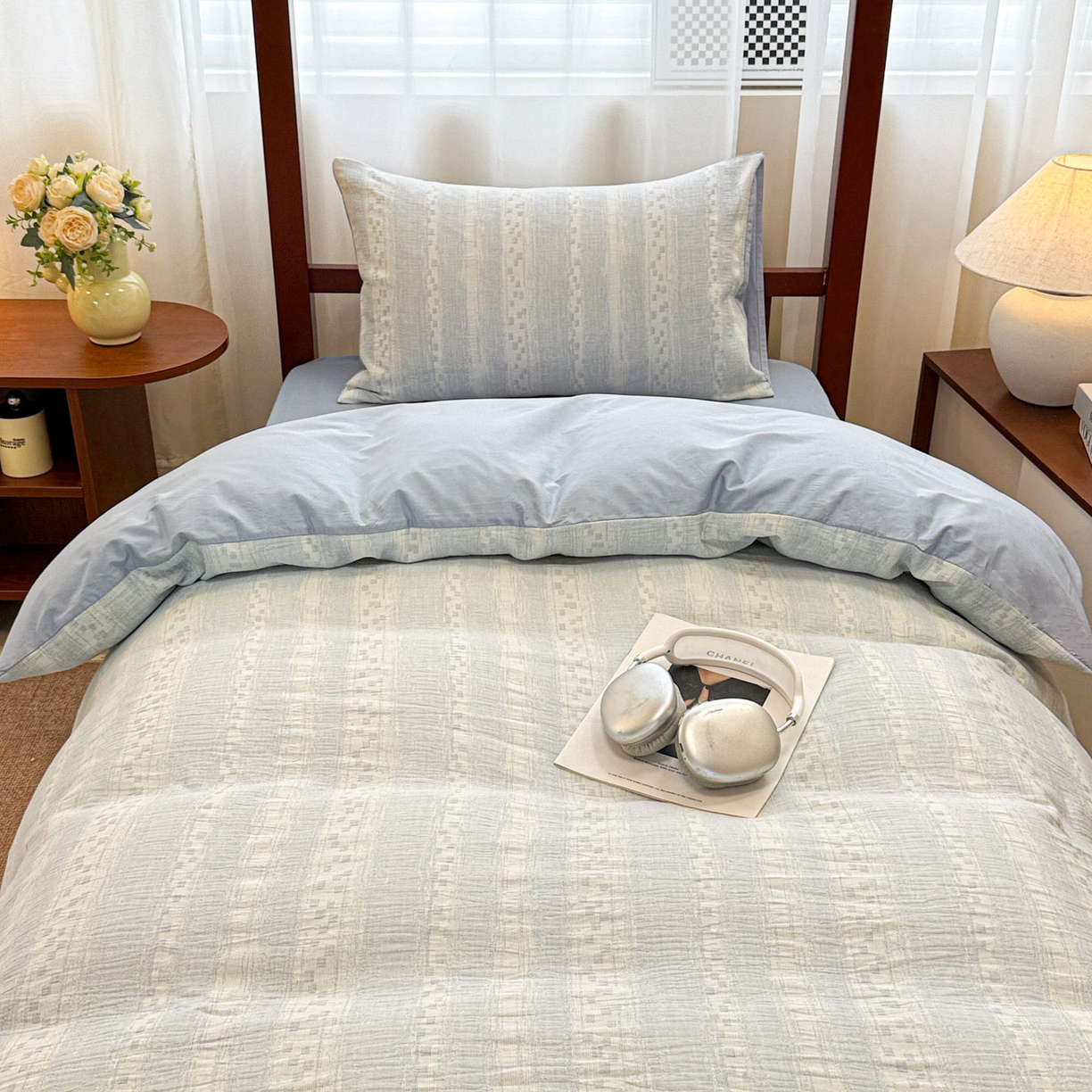 91家纺网 家纺一手货源 找家纺 眠博士 2025新款A类全棉纯棉色织提花三层纱三四件套学生三件套宿舍上下铺 三层纱套件-时光-蓝