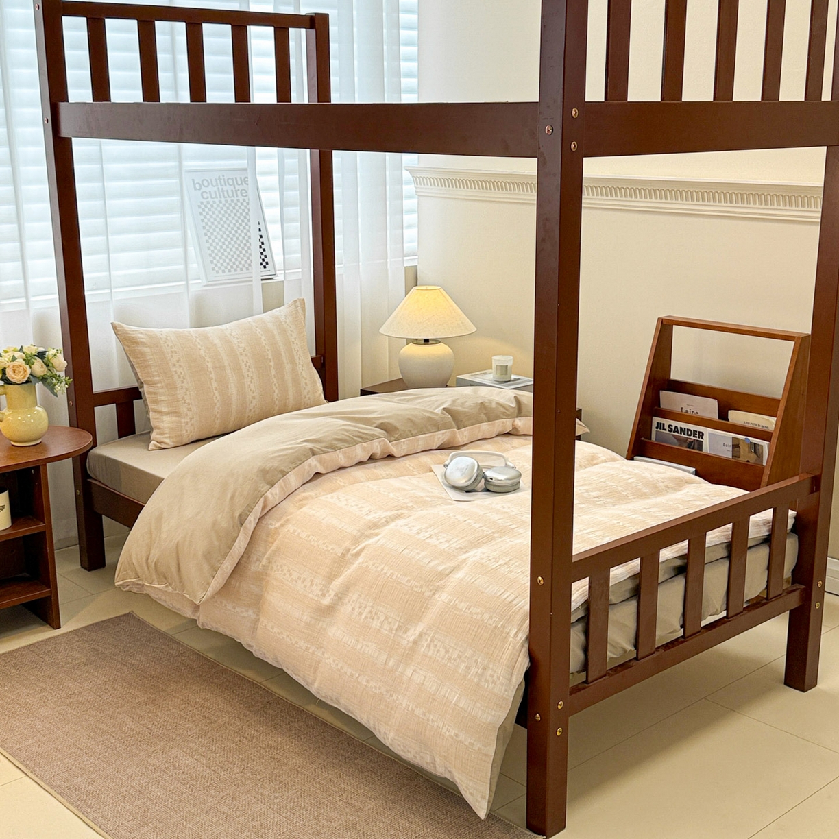 91家纺网 家纺一手货源 找家纺 眠博士 2025新款A类全棉纯棉色织提花三层纱三四件套学生三件套宿舍上下铺 三层纱套件-时光-杏