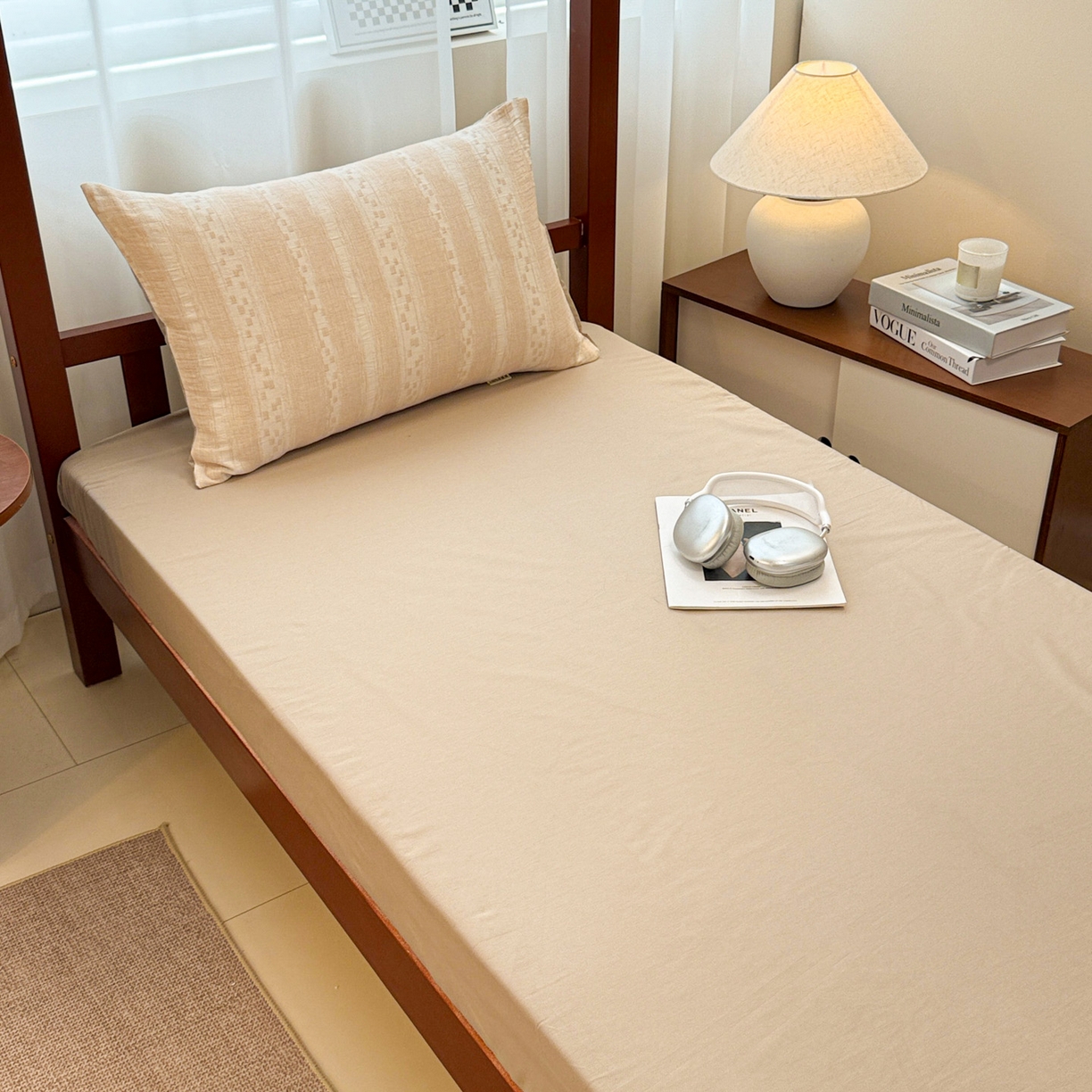 91家纺网 家纺一手货源 找家纺 眠博士 2025新款A类全棉纯棉色织提花三层纱三四件套学生三件套宿舍上下铺 三层纱套件-时光-杏