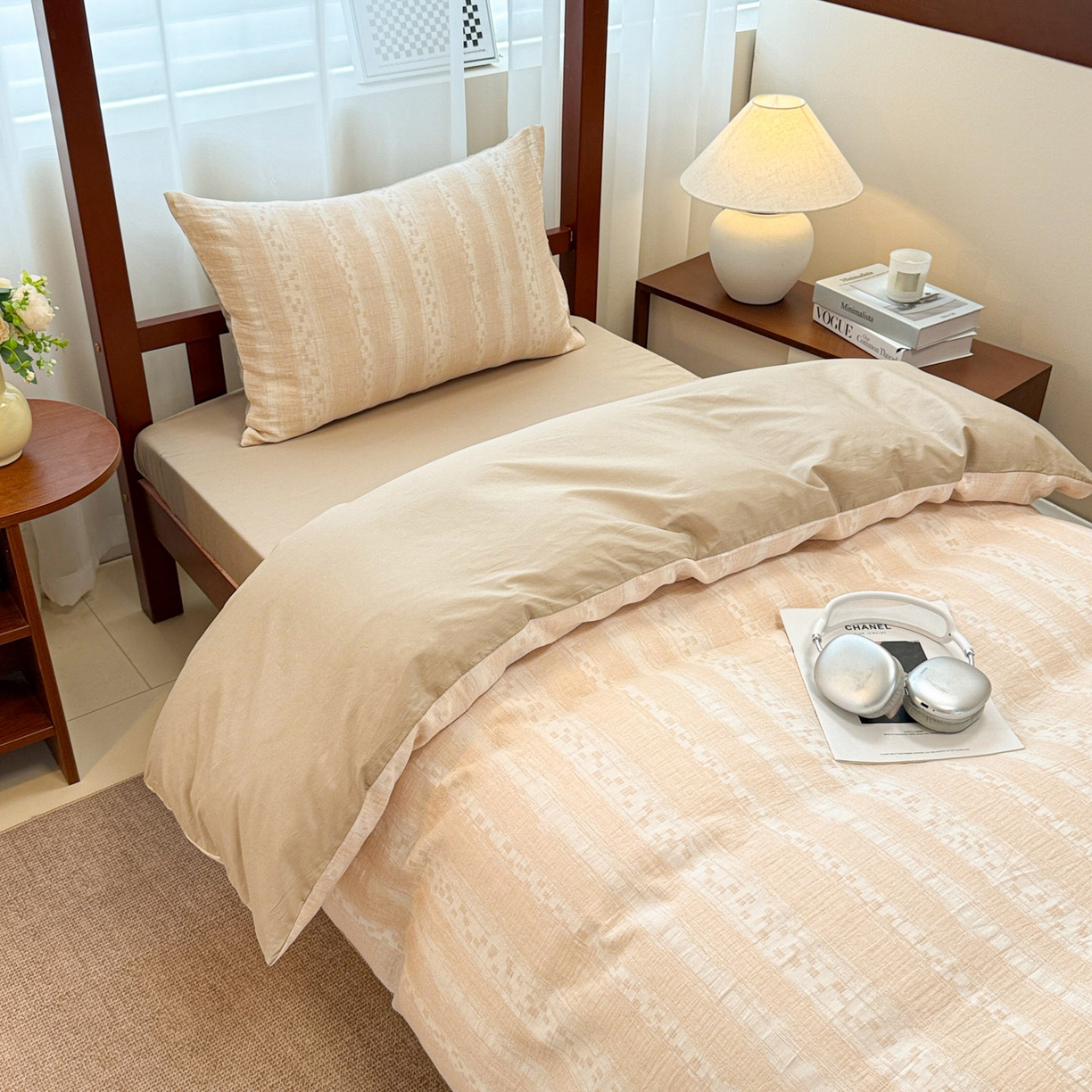 91家纺网 家纺一手货源 找家纺 眠博士 2025新款A类全棉纯棉色织提花三层纱三四件套学生三件套宿舍上下铺 三层纱套件-时光-杏