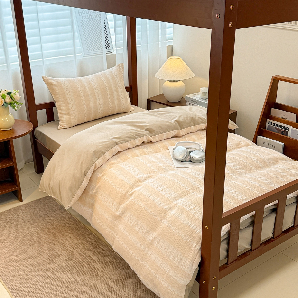 91家纺网 家纺一手货源 找家纺 眠博士 2025新款A类全棉纯棉色织提花三层纱三四件套学生三件套宿舍上下铺 三层纱套件-时光-杏