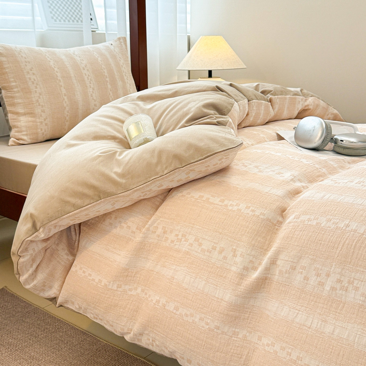 91家纺网 家纺一手货源 找家纺 眠博士 2025新款A类全棉纯棉色织提花三层纱三四件套学生三件套宿舍上下铺 三层纱套件-时光-杏