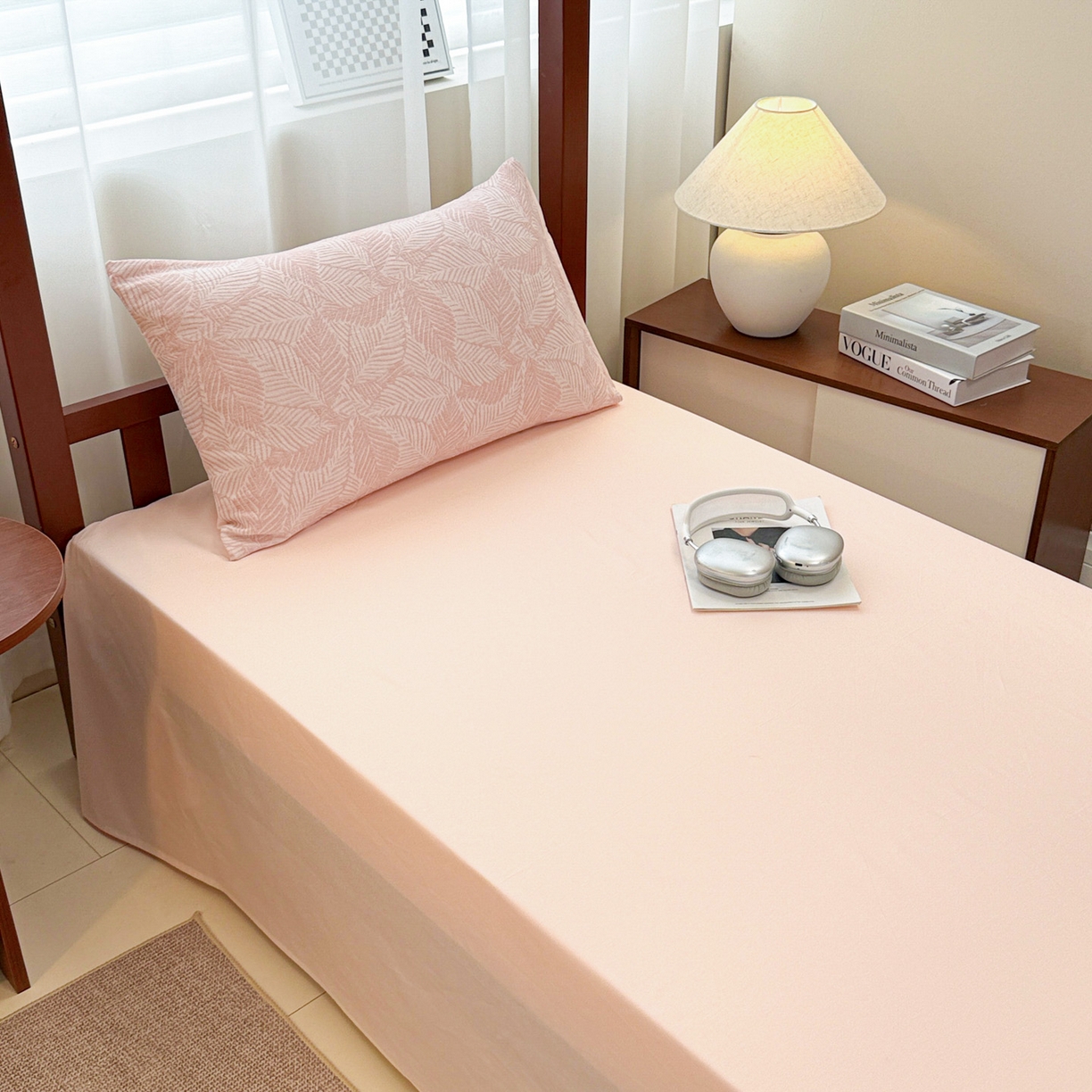 91家纺网 家纺一手货源 找家纺 眠博士 2025新款A类全棉纯棉色织提花三层纱三四件套学生三件套宿舍上下铺 三层纱套件-幸运叶-粉