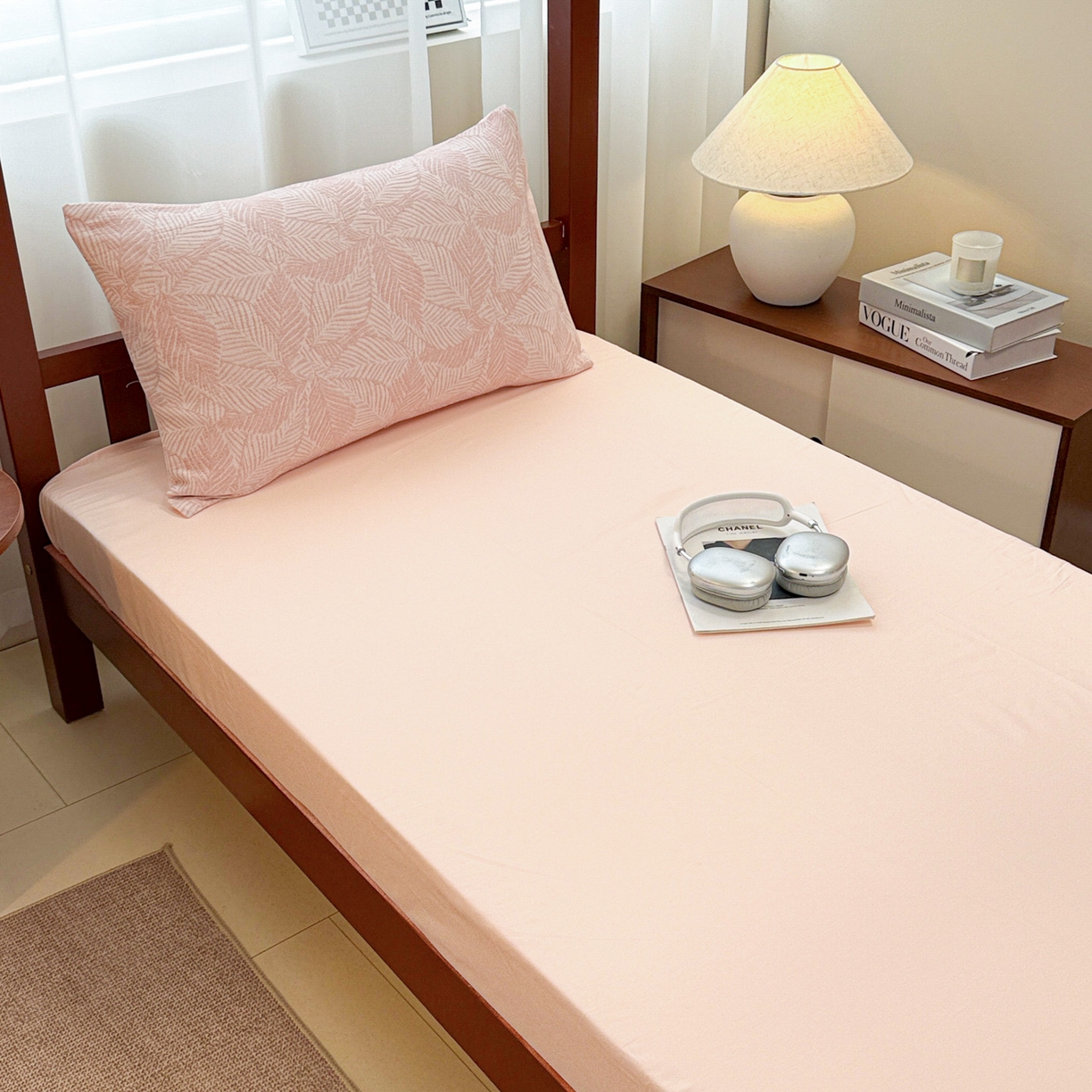 91家纺网 家纺一手货源 找家纺 眠博士 2025新款A类全棉纯棉色织提花三层纱三四件套学生三件套宿舍上下铺 三层纱套件-幸运叶-粉